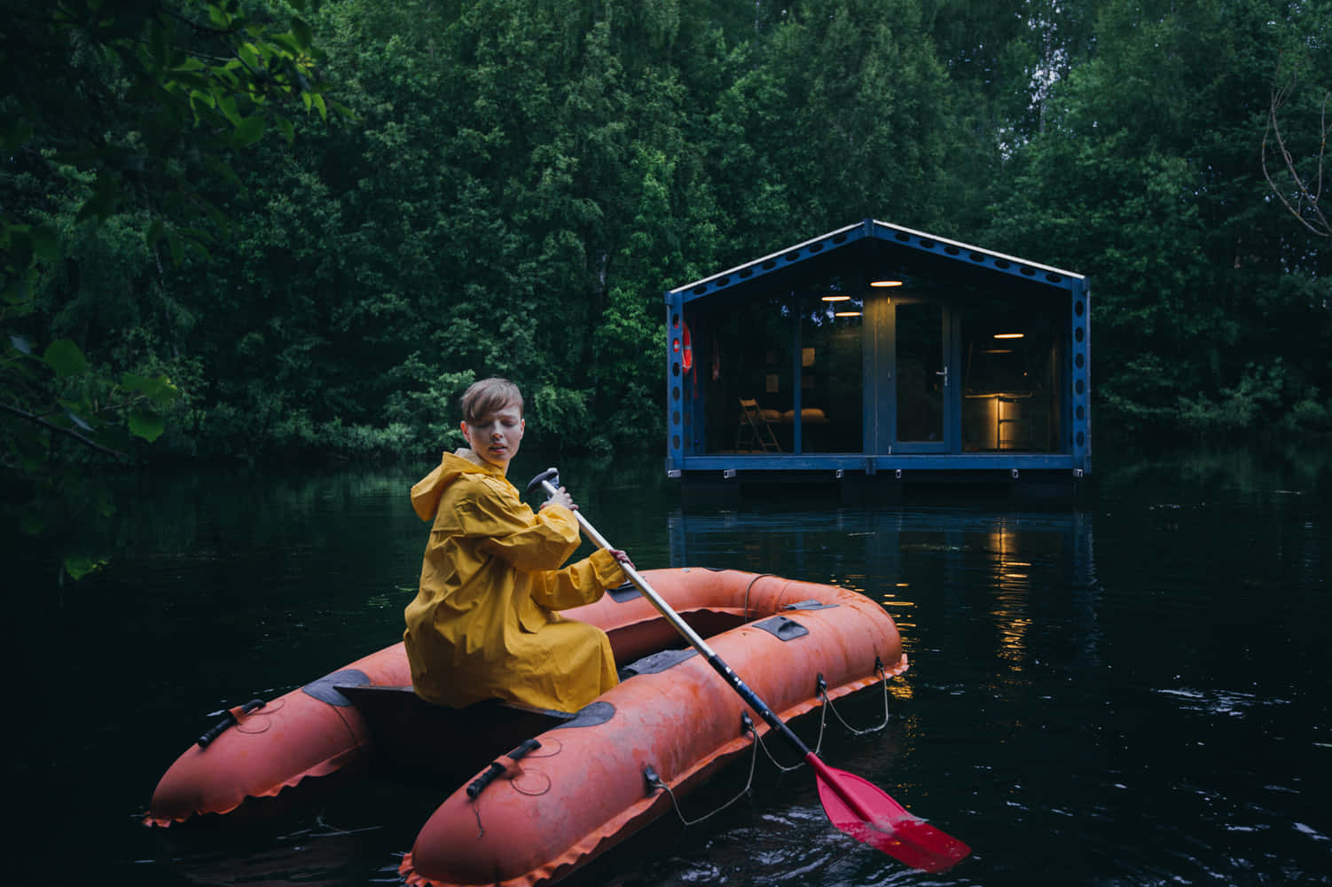 yellow raincoat, red raft, modern glass cabin, HD Desktop Wallpaper