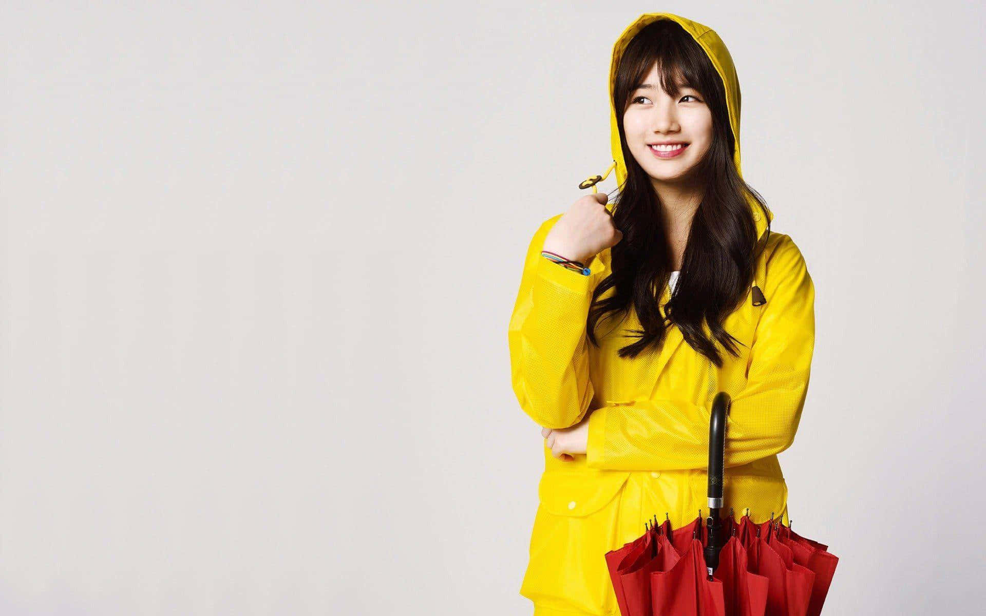 bright yellow raincoat, red umbrella, plain white background, Full HD Desktop Wallpaper