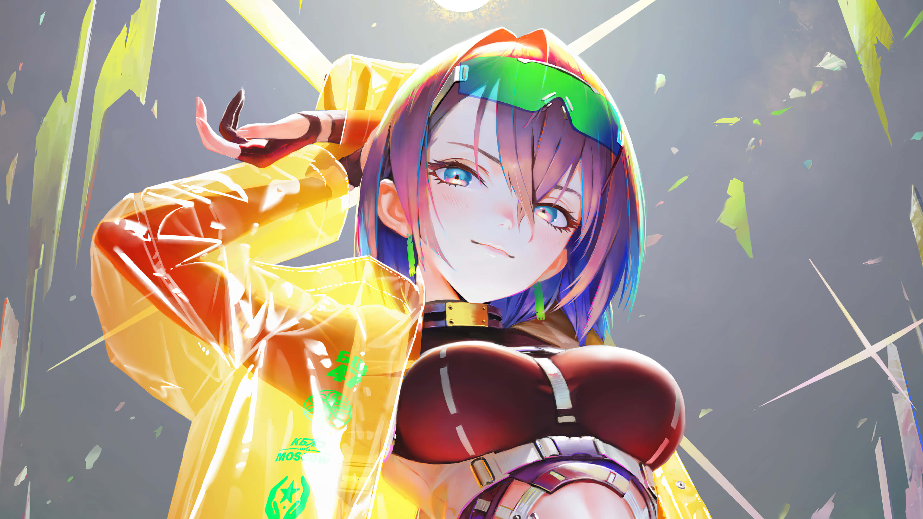 vibrant yellow raincoat, anime girl, rainbow hair, 4K Desktop Wallpaper