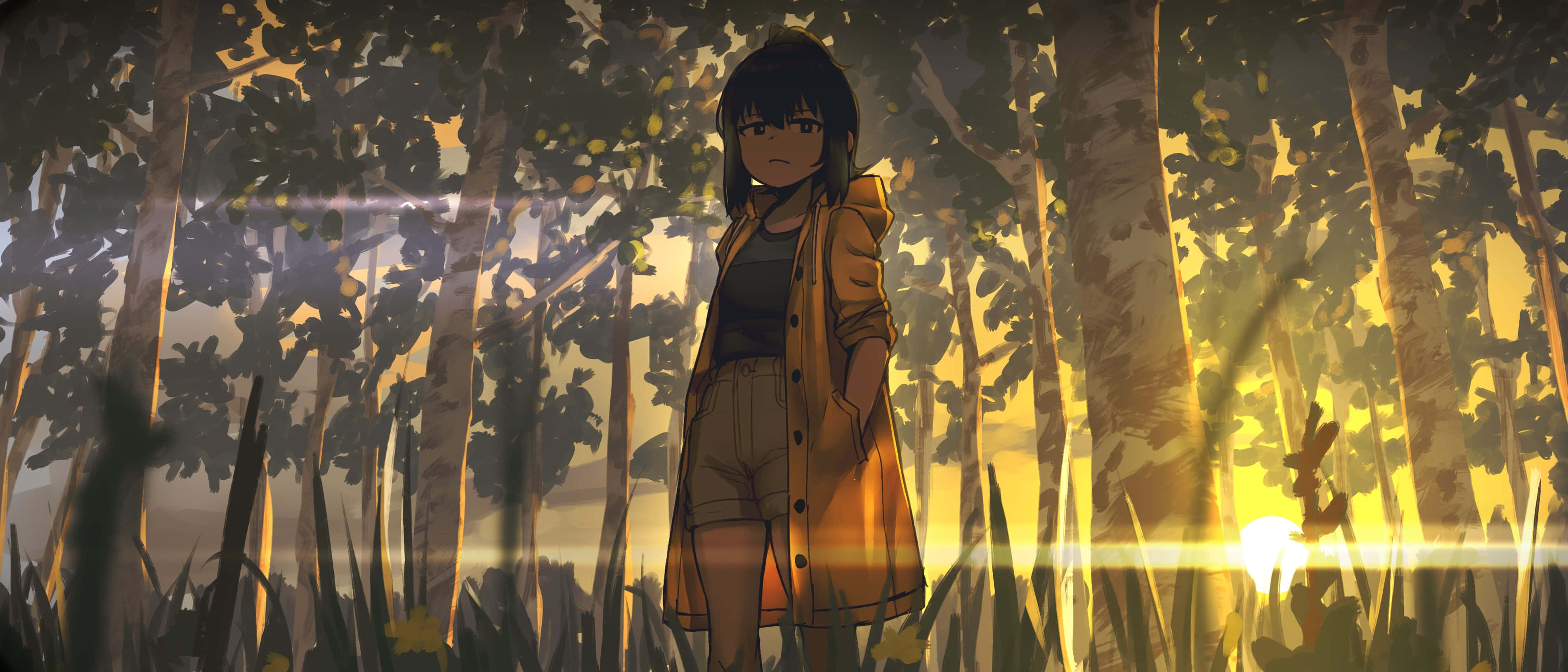 yellow raincoat, sunlit forest, golden light, 2K Desktop Wallpaper