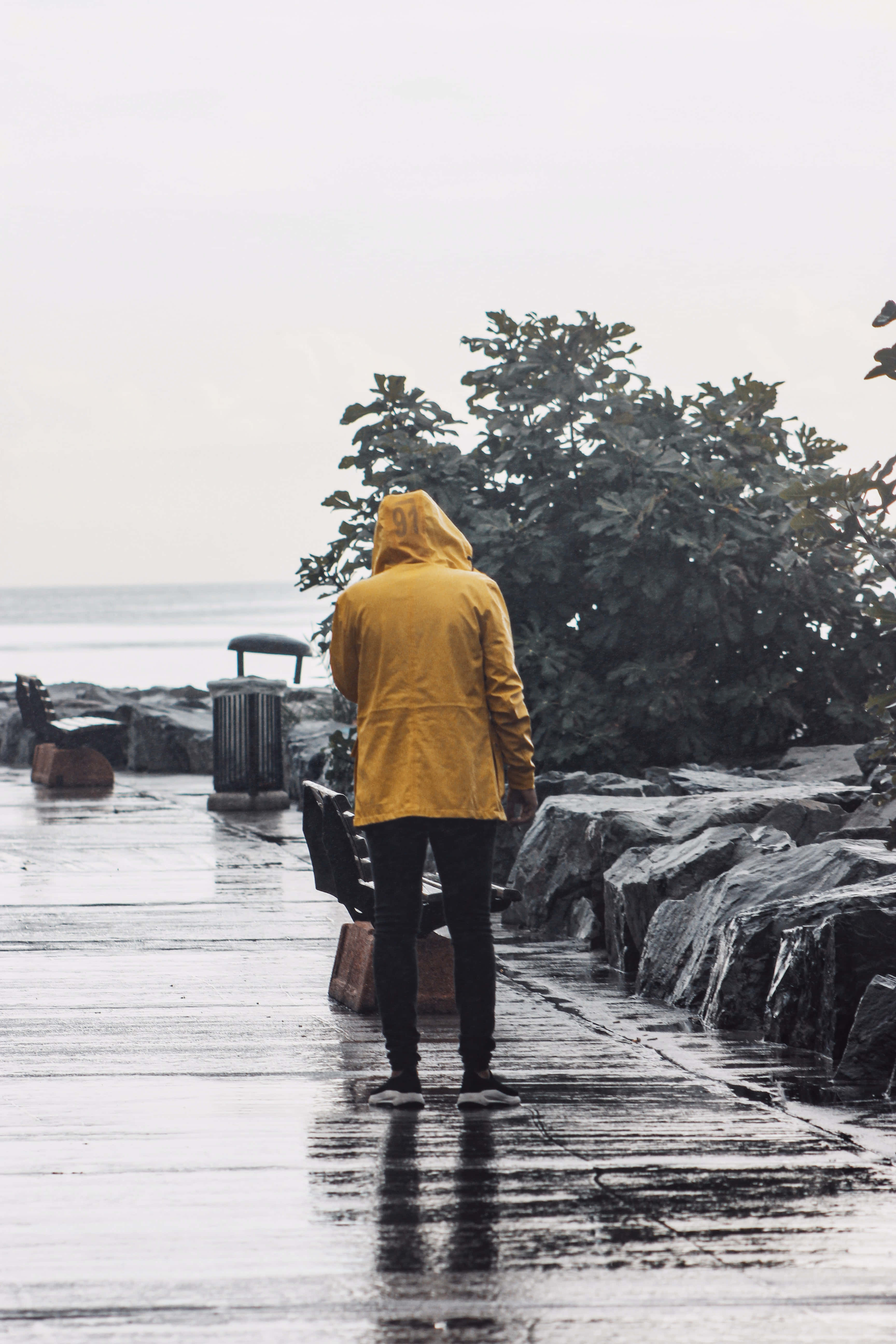 yellow raincoat, bright yellow raincoat, wet stone path, 5K Phone Wallpaper