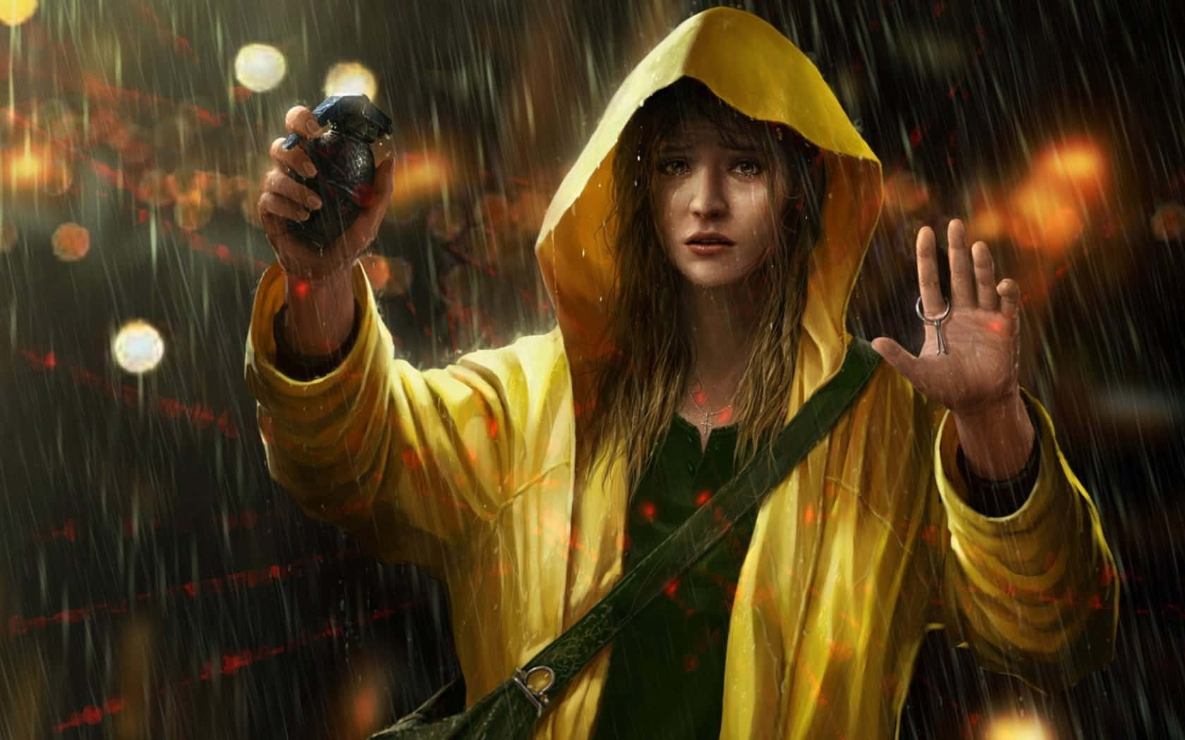 yellow raincoat, woman, camera, HD Desktop Wallpaper