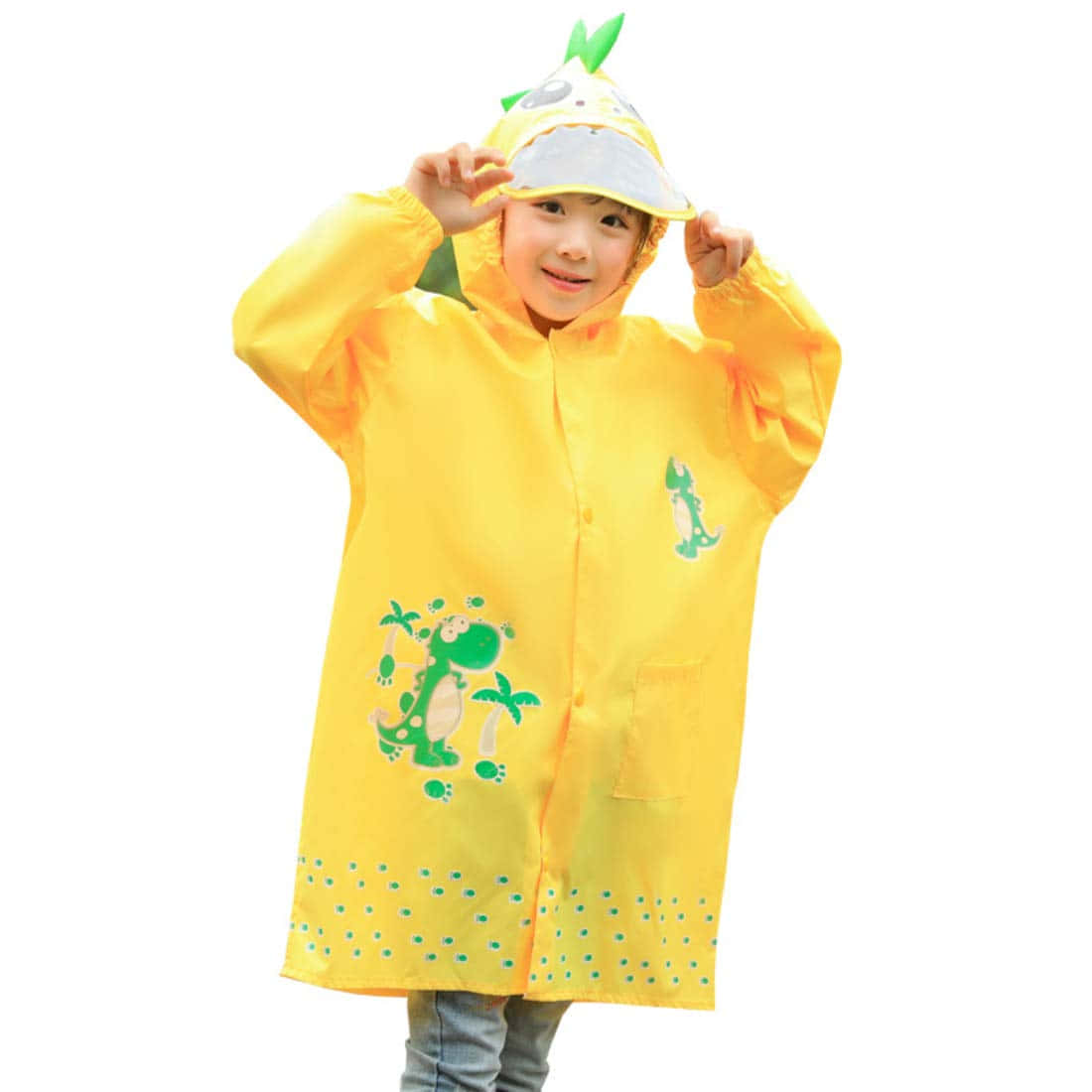 yellow raincoat, bright yellow dinosaur-themed raincoat, cheerful child, SD Desktop Wallpaper