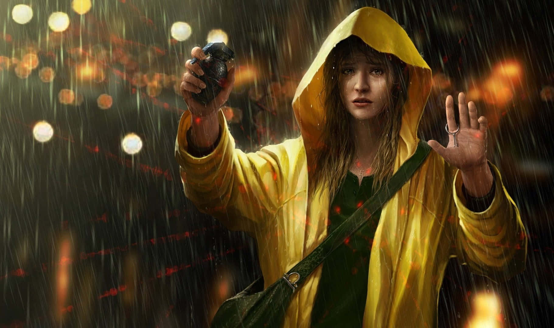 yellow raincoat, camera, grenade, HD Desktop Wallpaper