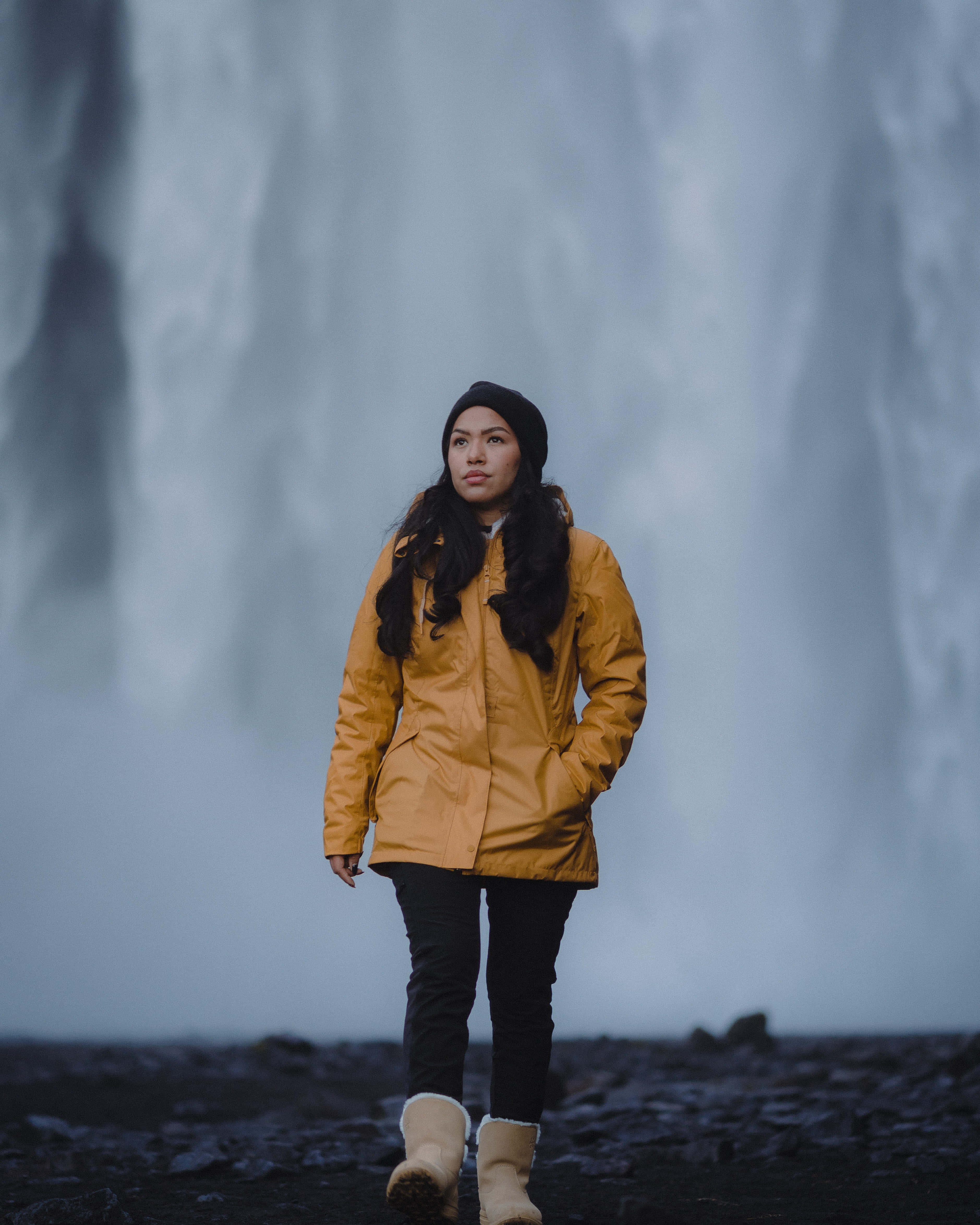 yellow raincoat, mustard coat, misty waterfall, 4K Phone Wallpaper