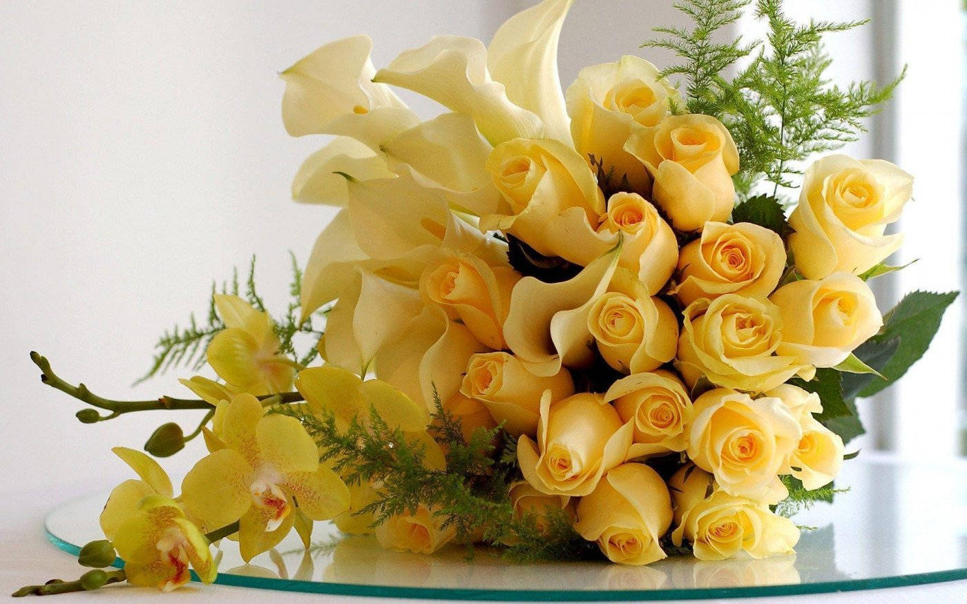 yellow rose, calla lilies, orchids, HD Desktop Wallpaper
