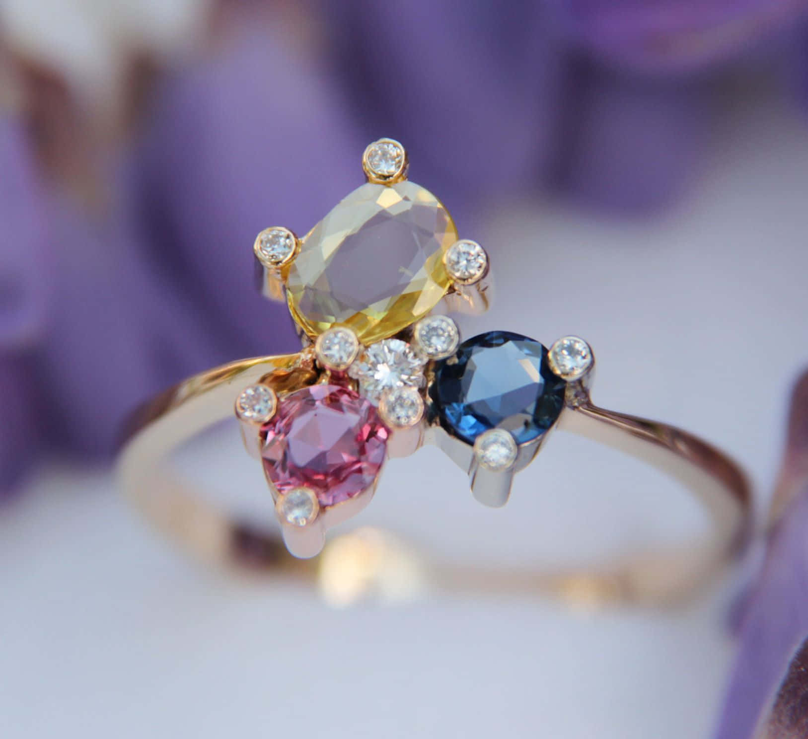 Yellow Sapphire, gold ring, three colorful gemstones, HD Desktop Wallpaper
