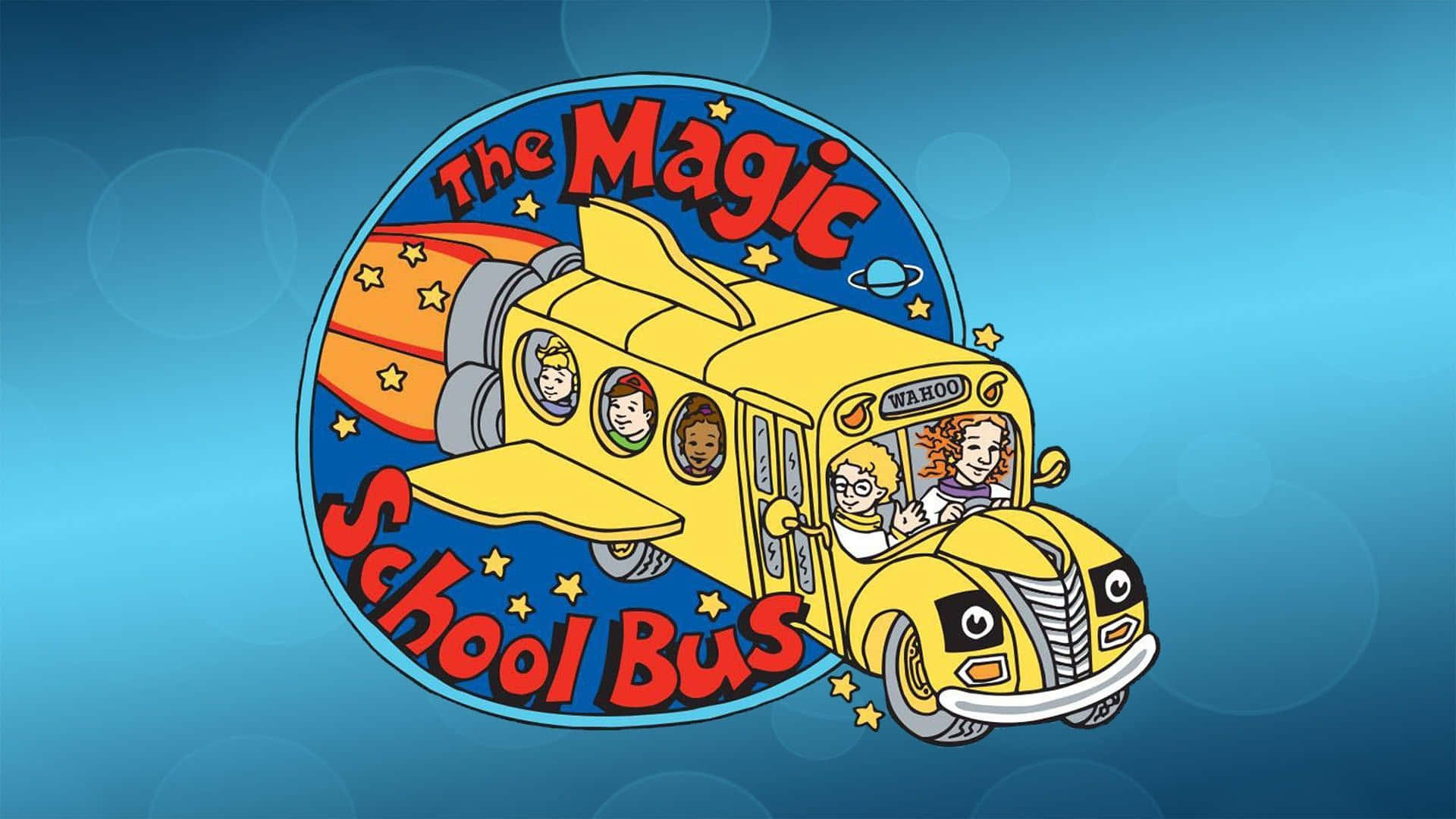 yellow school bus, rocket engines, cartoon kids, Full HD Desktop Wallpaper