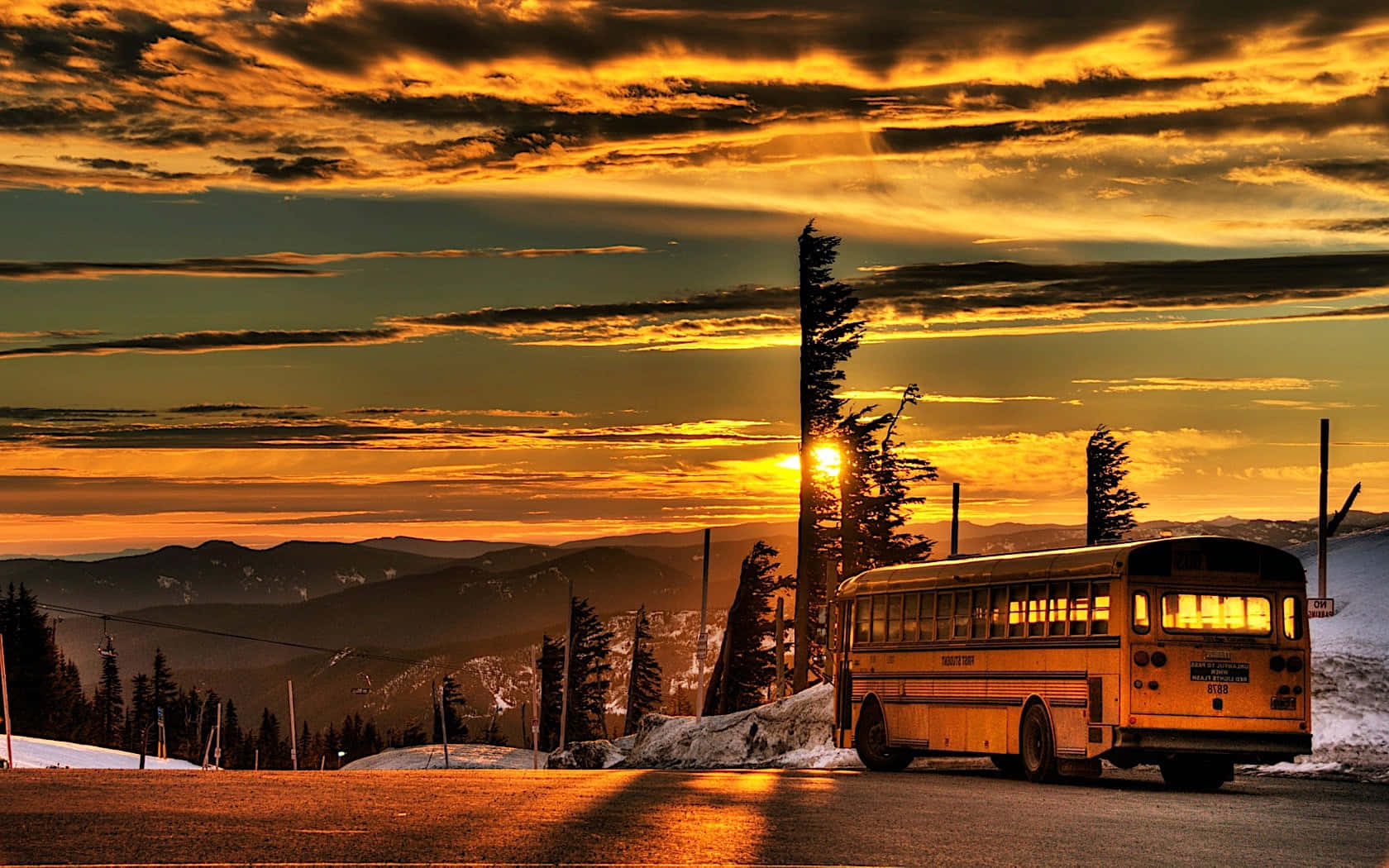 Yellow School Bus, sunny day, snowy mountain road, HD Desktop Wallpaper