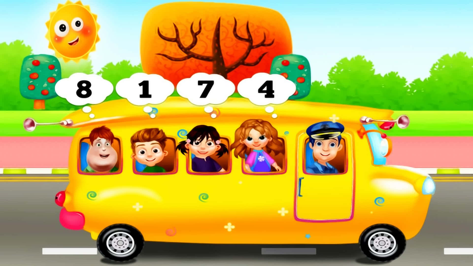 Yellow School Bus, smiling children, driver, Full HD Desktop Wallpaper