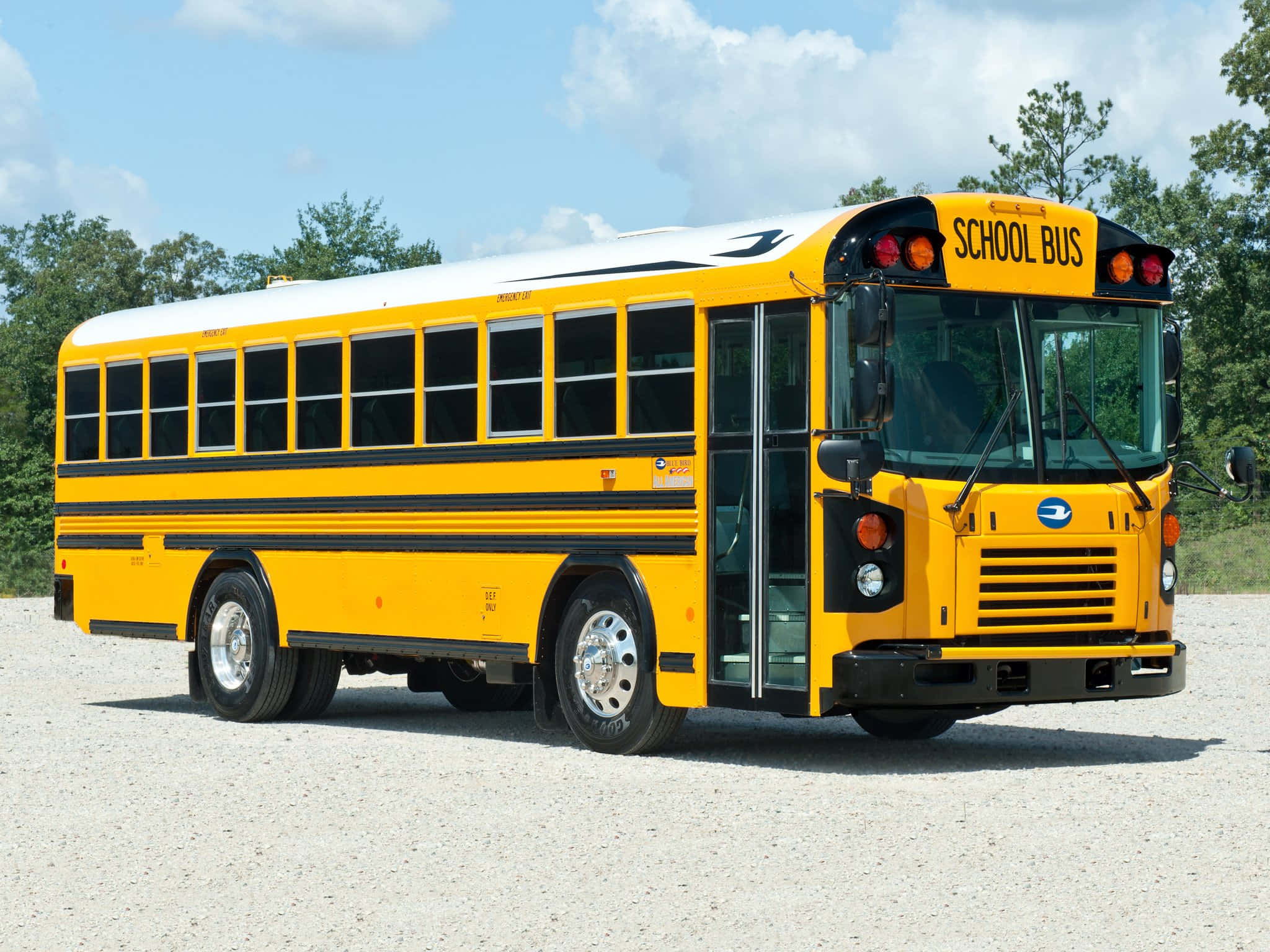yellow school bus, gravel, bright blue sky, Full HD Desktop Wallpaper