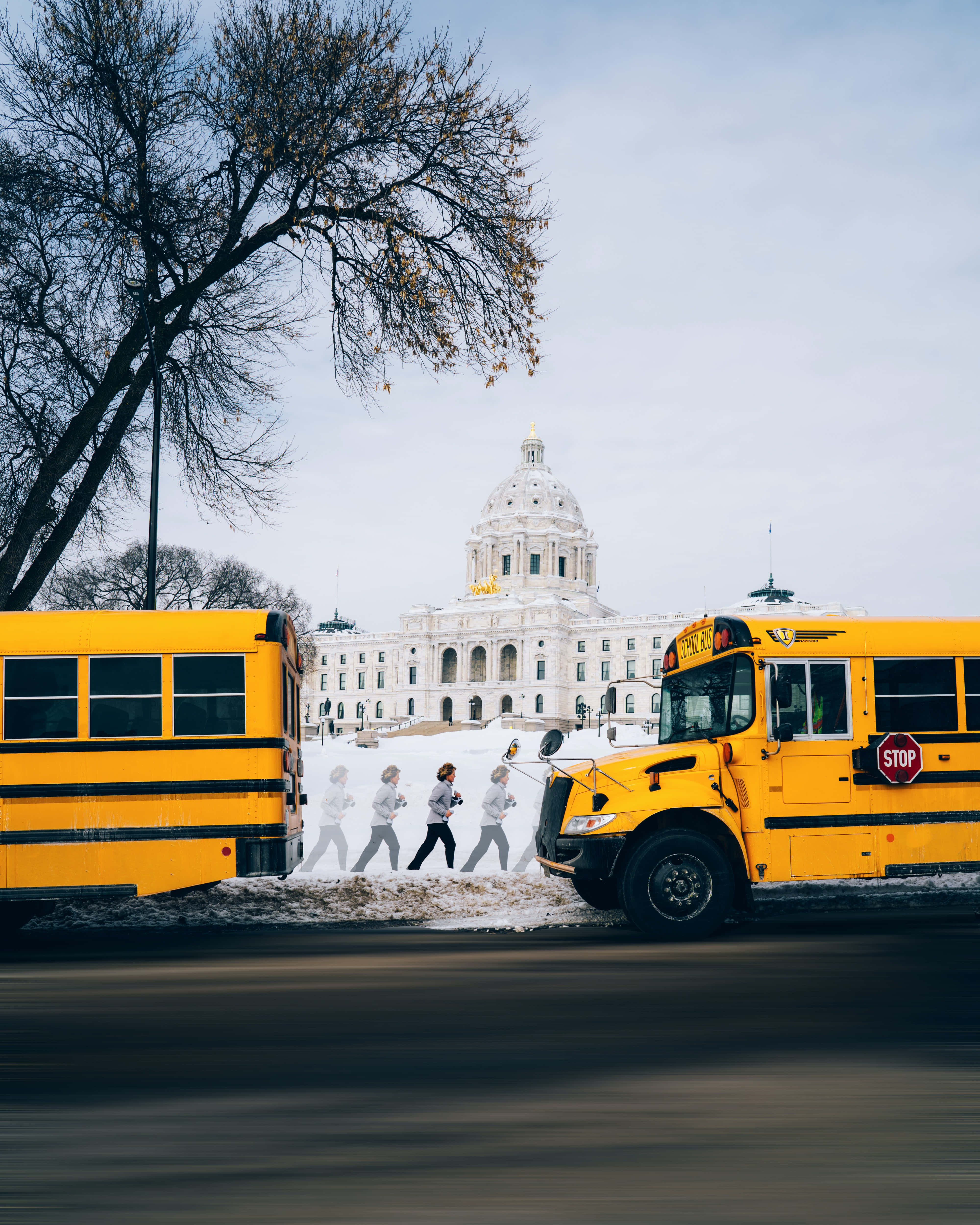 Yellow School Bus, 4000 x 5000 wallpaper, snowy street, 4K Phone Wallpaper