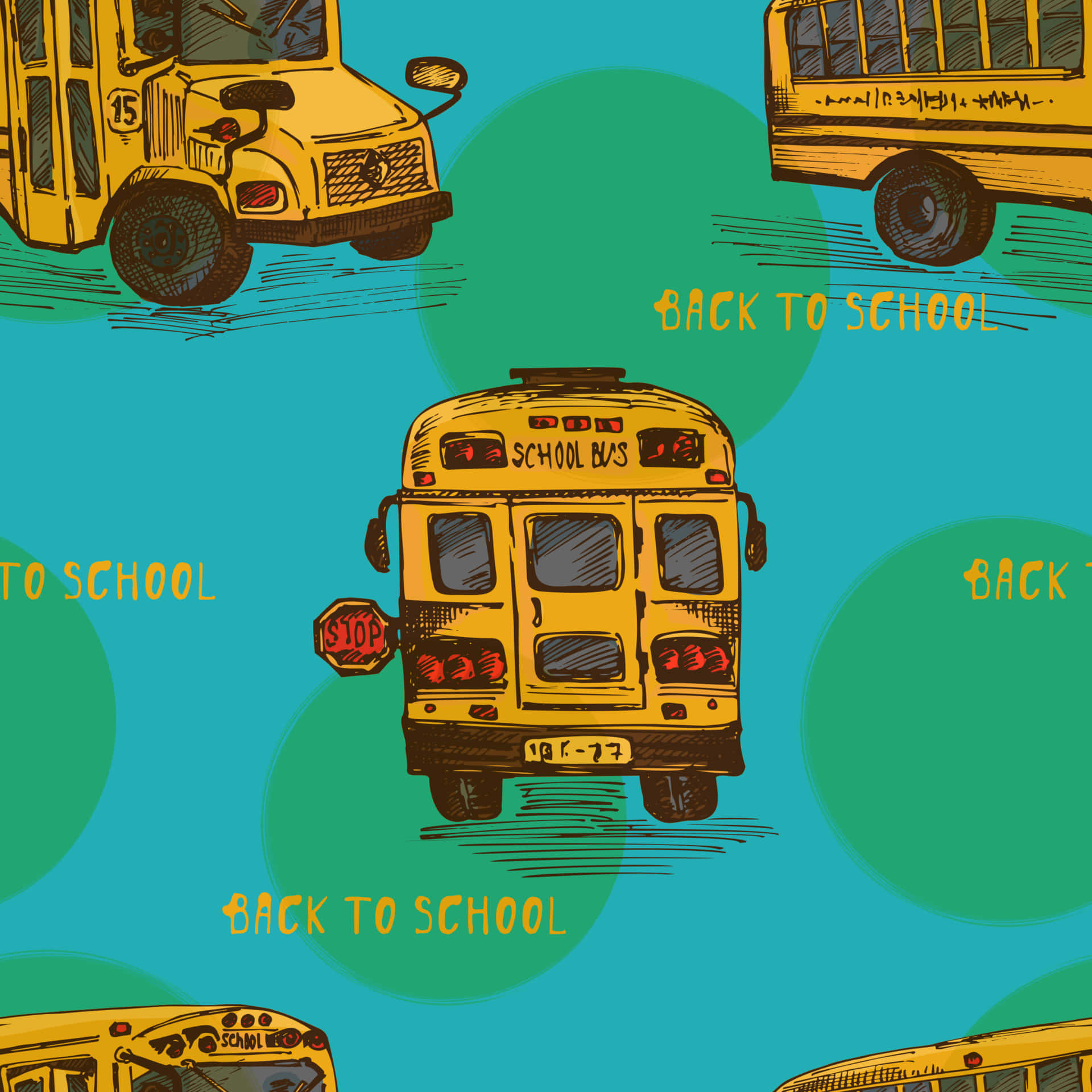 Yellow School Bus, teal background, green circles, Full HD Desktop Wallpaper
