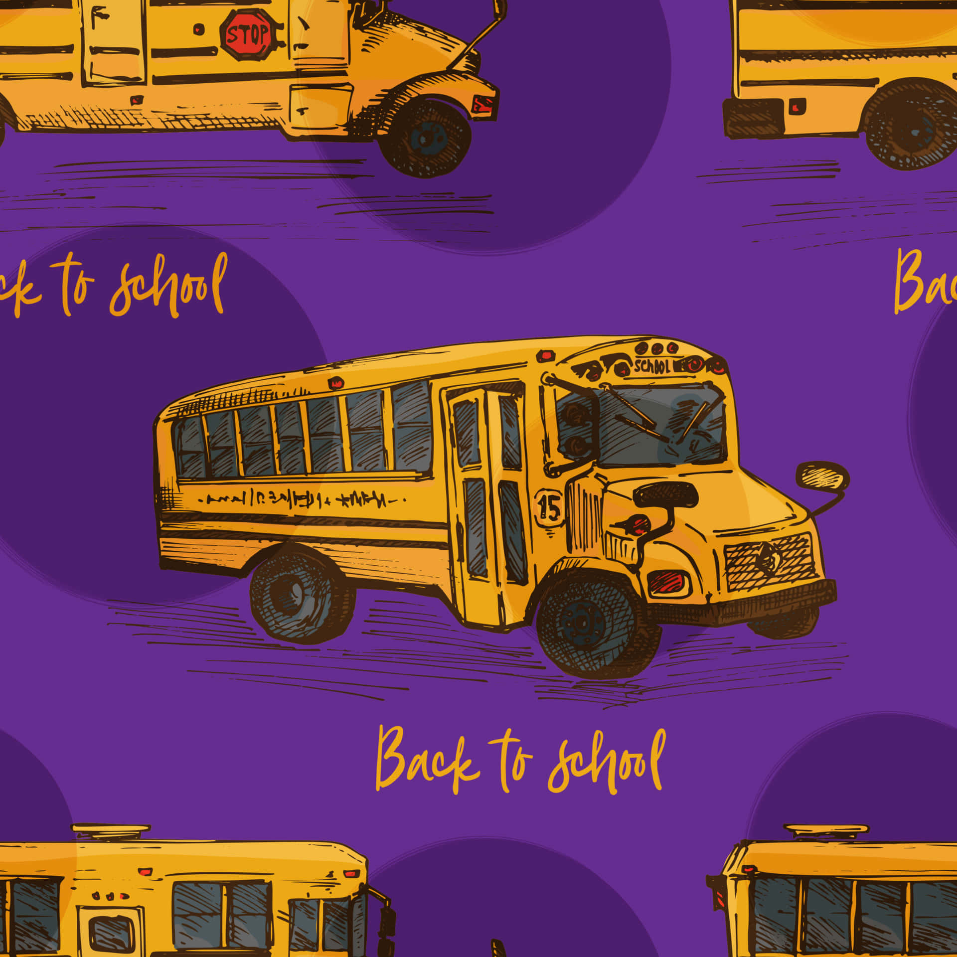 Yellow School Bus, sketch style, purple background, Full HD Desktop Wallpaper