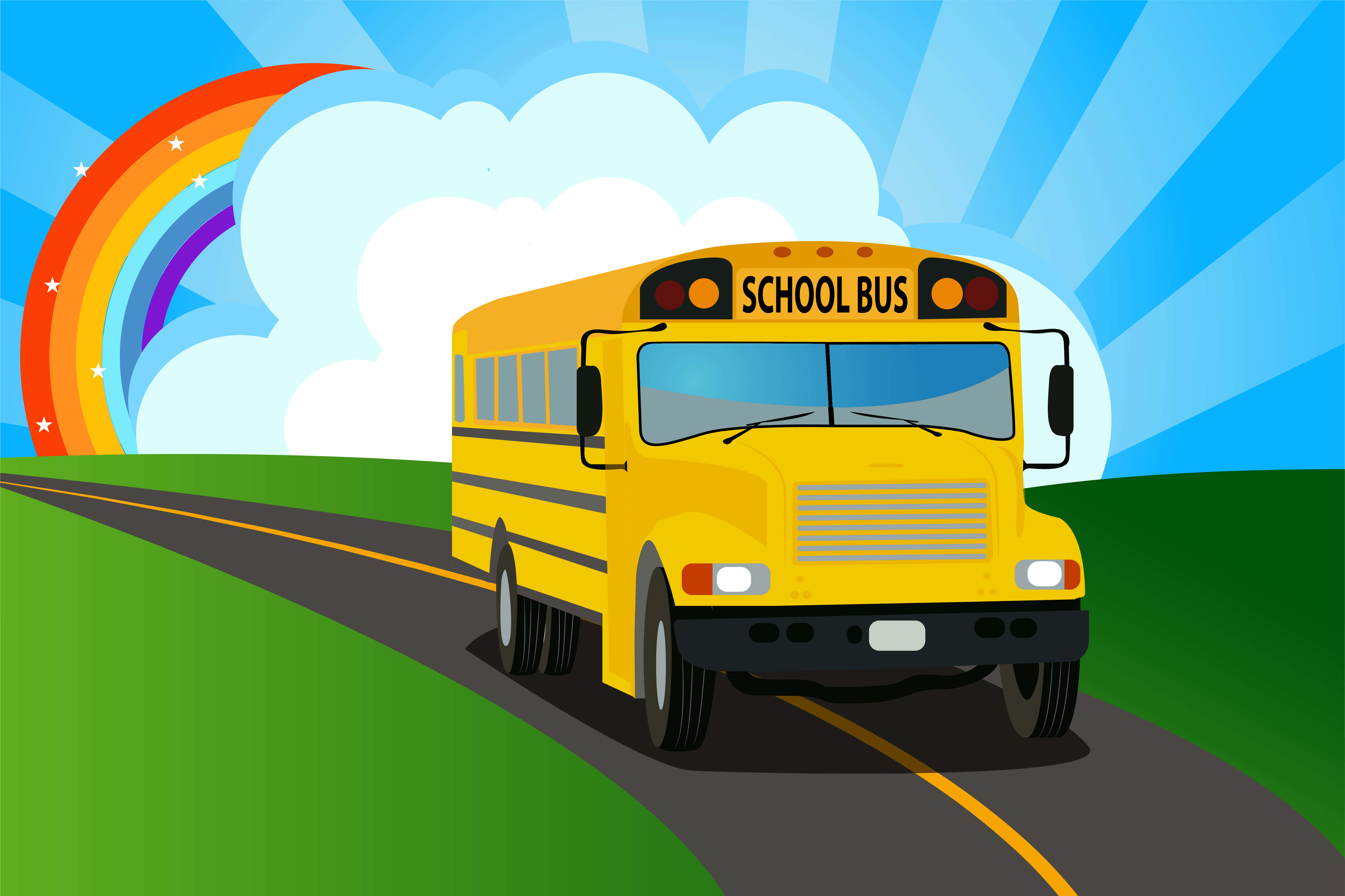 yellow school bus, winding road, vibrant blue sky, 5K Desktop Wallpaper