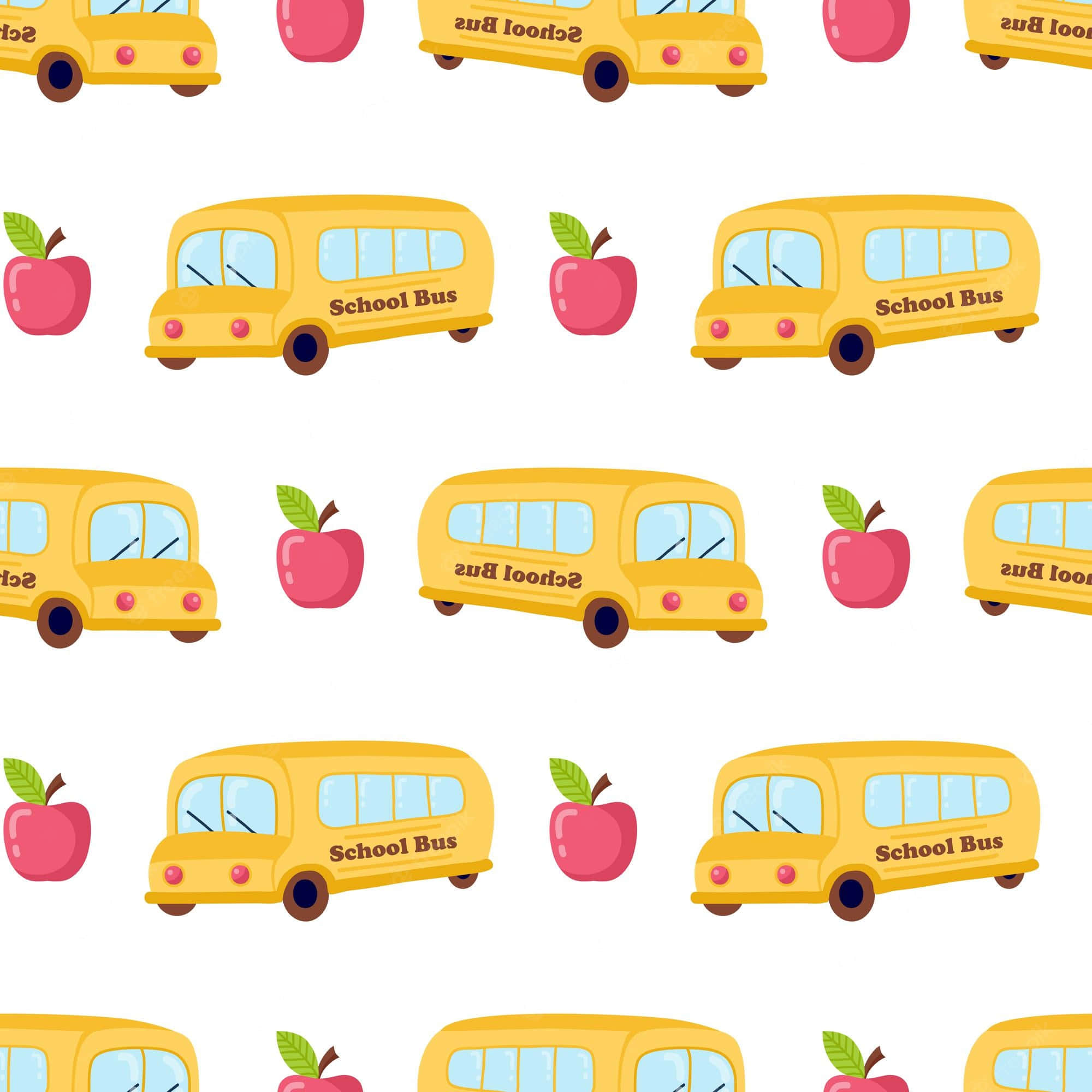 yellow school bus, red apples, white background, Full HD Desktop Wallpaper