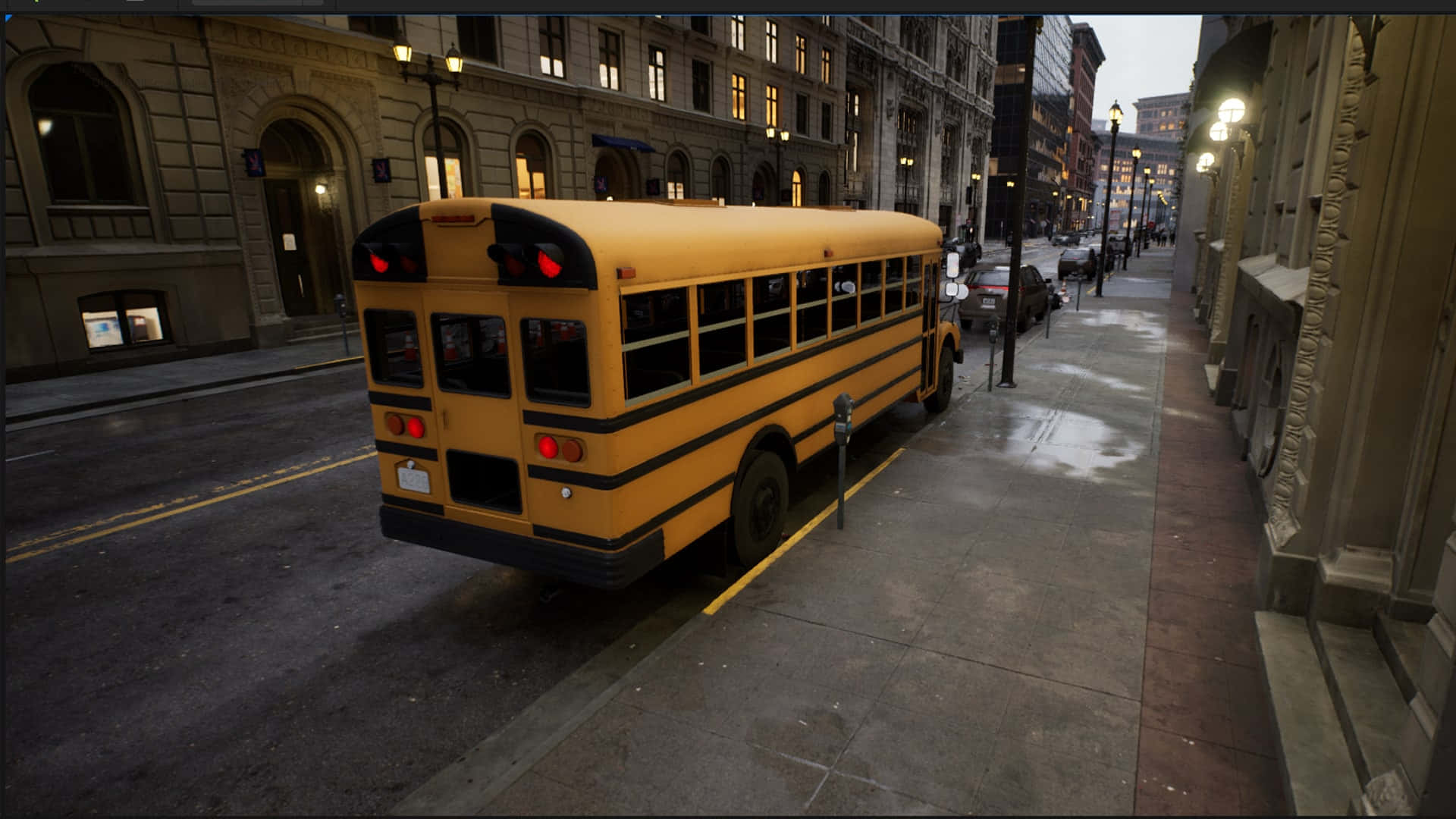 yellow school bus, wet city street, dusk, Full HD Desktop Wallpaper