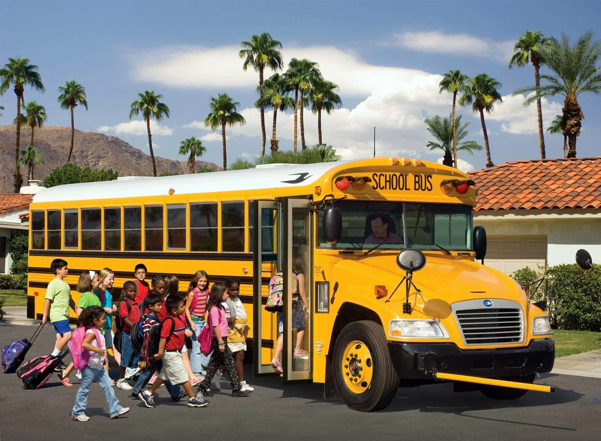 bright yellow school bus, children with backpacks, sunny sky, Full HD Desktop Wallpaper