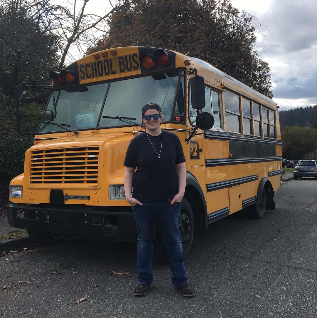 yellow school bus, sunglasses, cloudy day, SD Phone Wallpaper