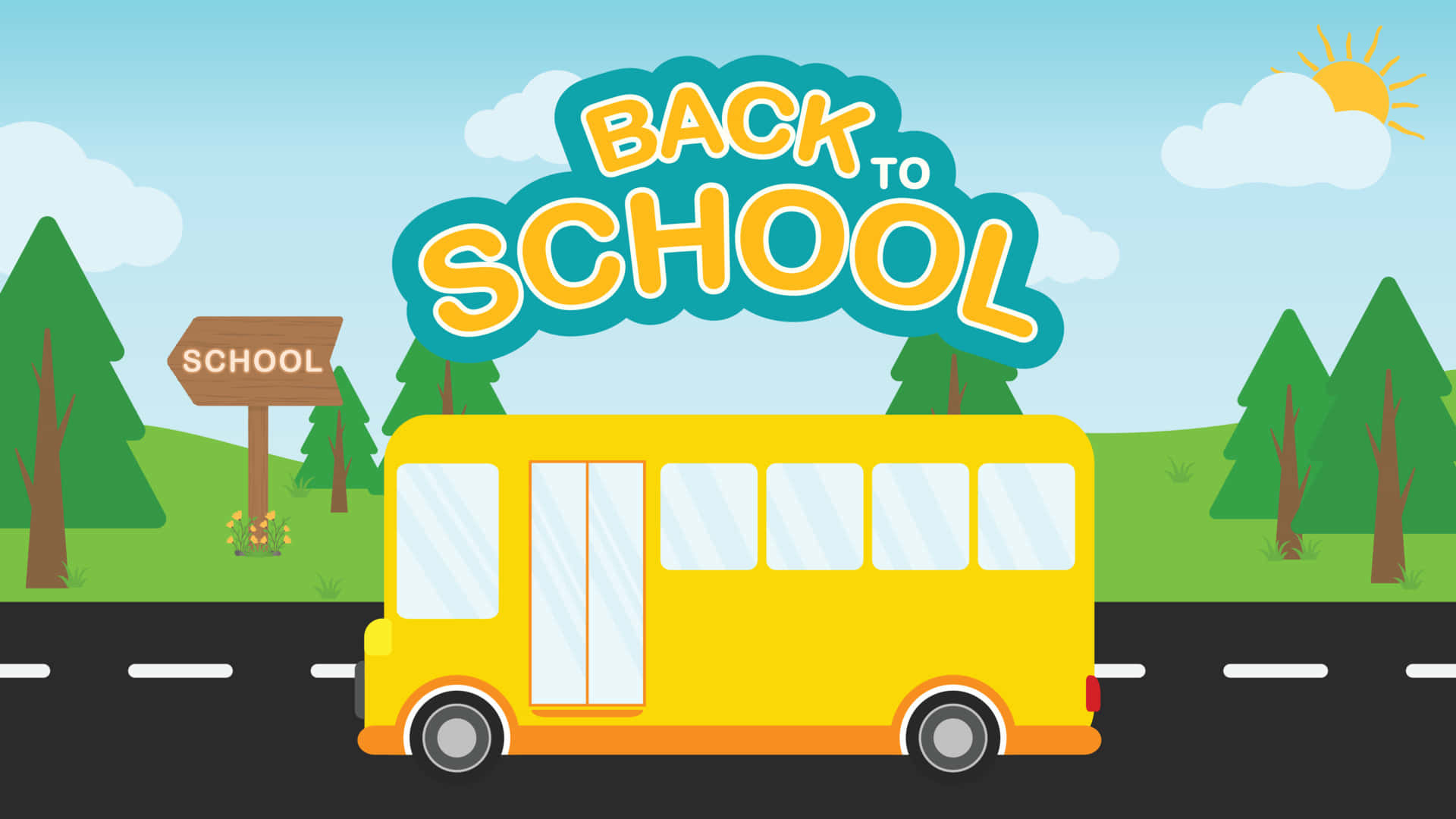 yellow school bus, school sign, sunny blue sky, Full HD Desktop Wallpaper