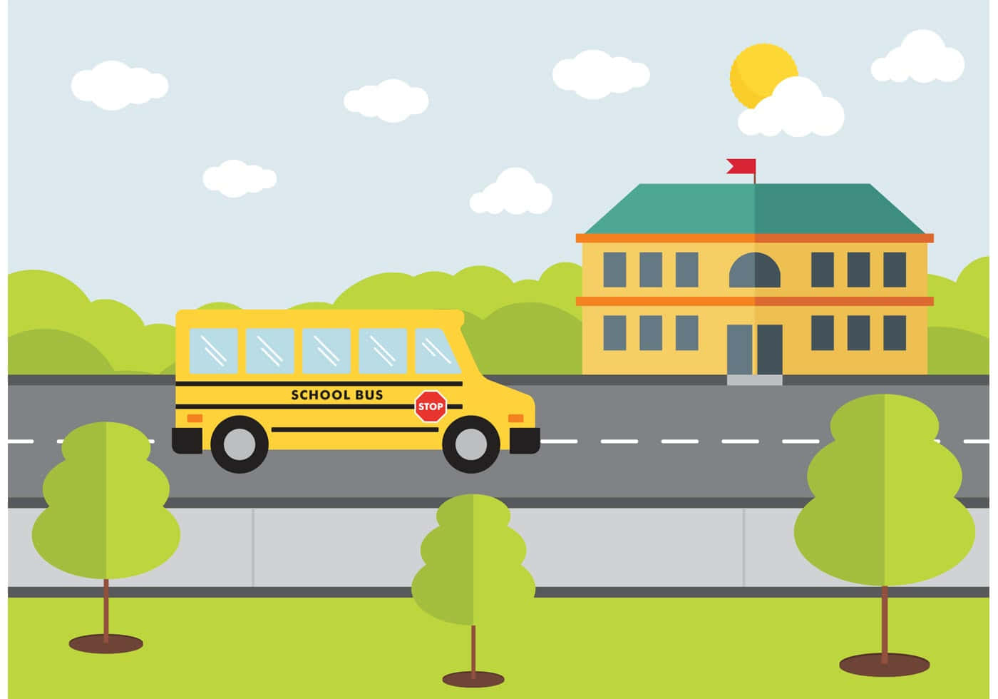 yellow school bus, cheerful school building, sunny sky, HD Desktop Wallpaper