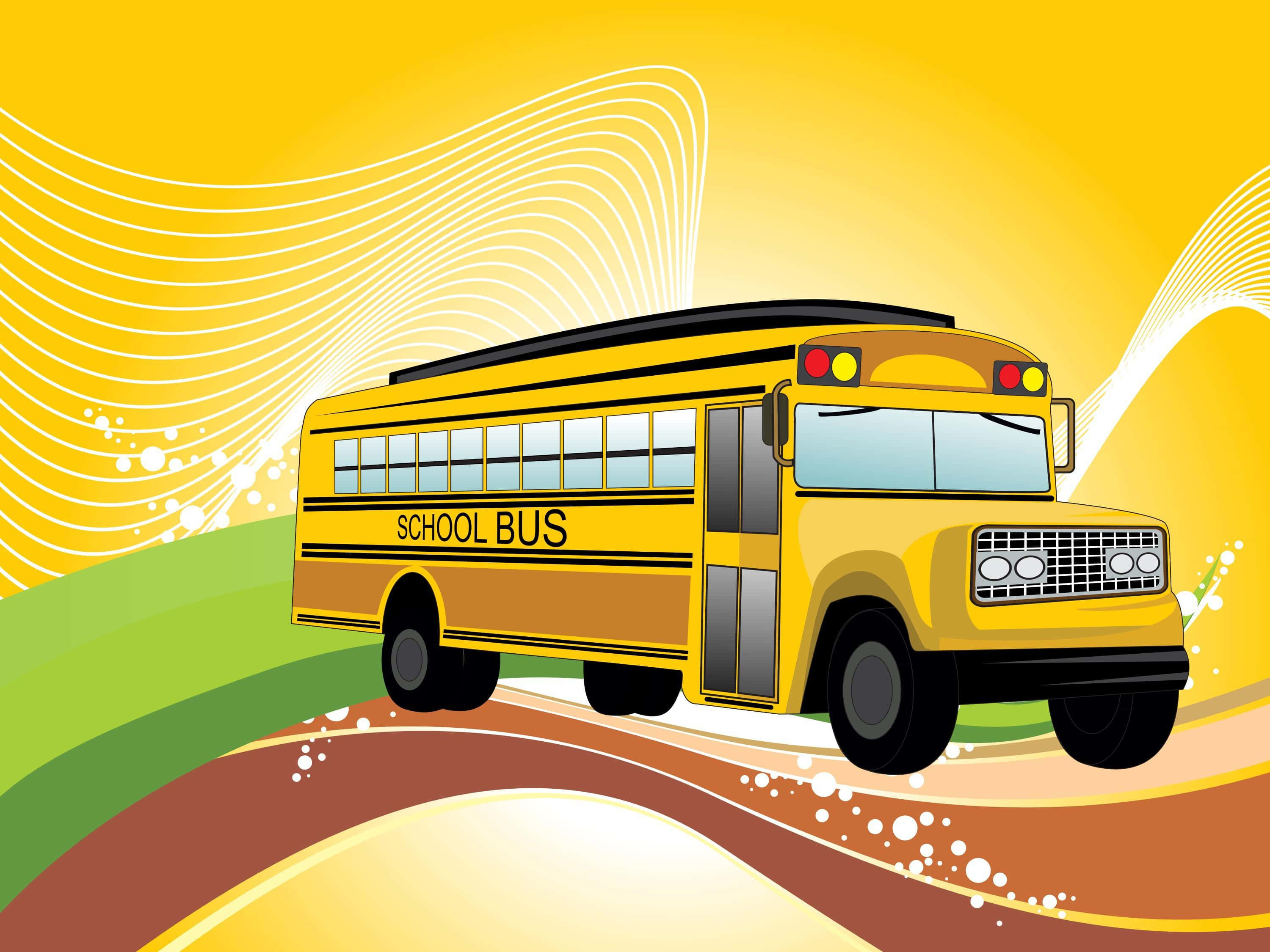yellow school bus, winding road, vibrant yellow background, 2K Desktop Wallpaper
