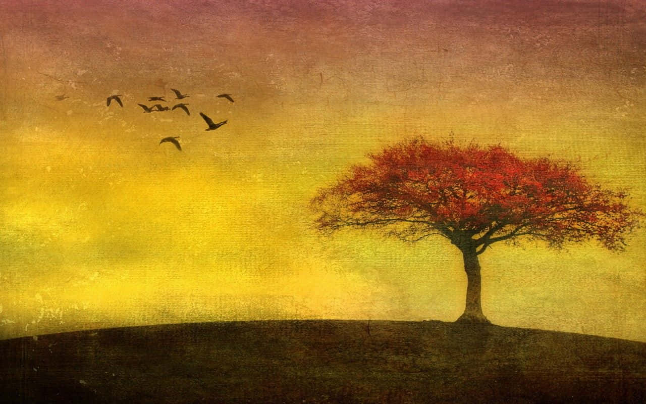 Yellow Sky, sunset sky, fiery red leaves, HD Desktop Wallpaper