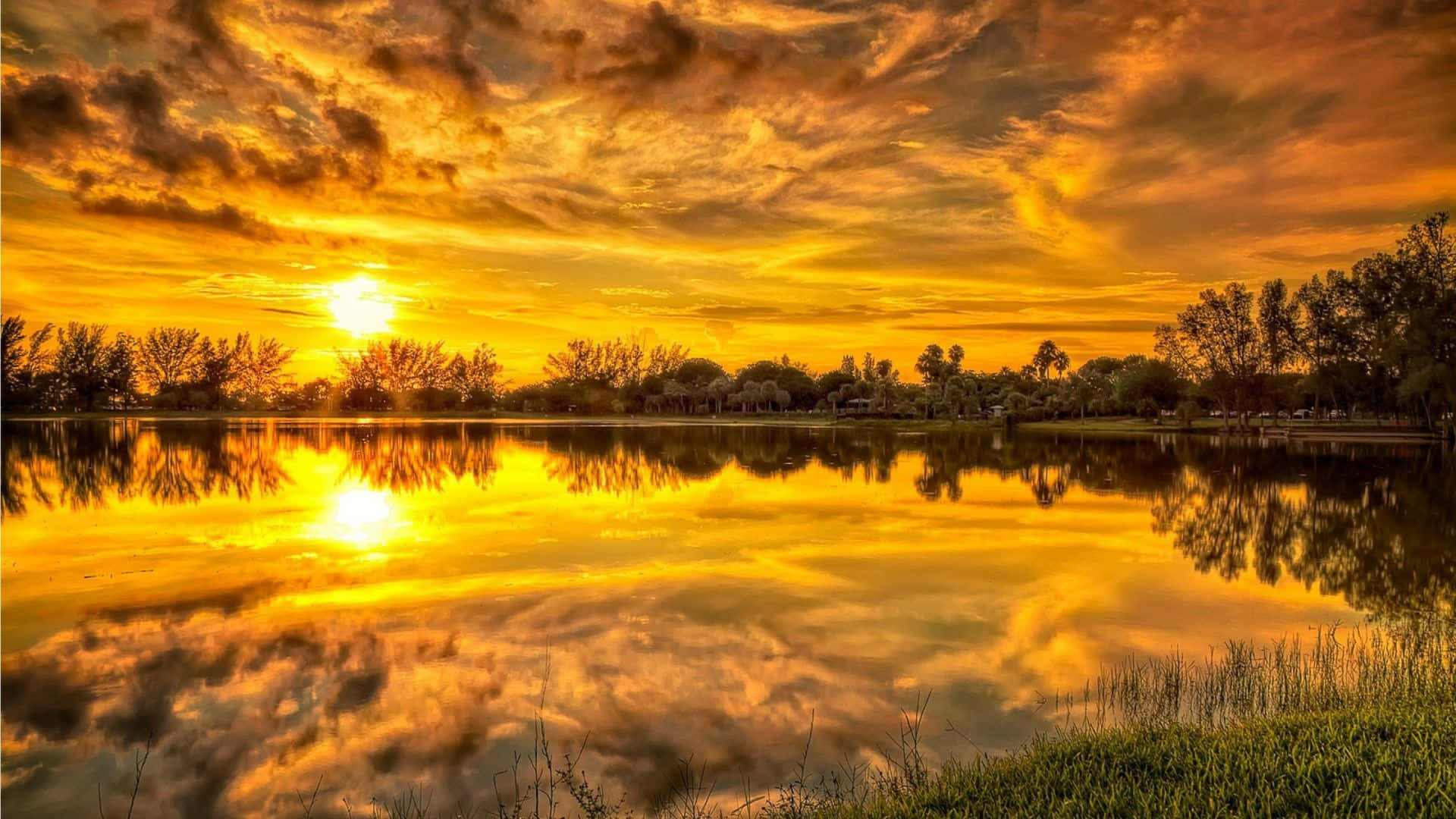 Yellow Sky, sunset, calm lake, Full HD Desktop Wallpaper