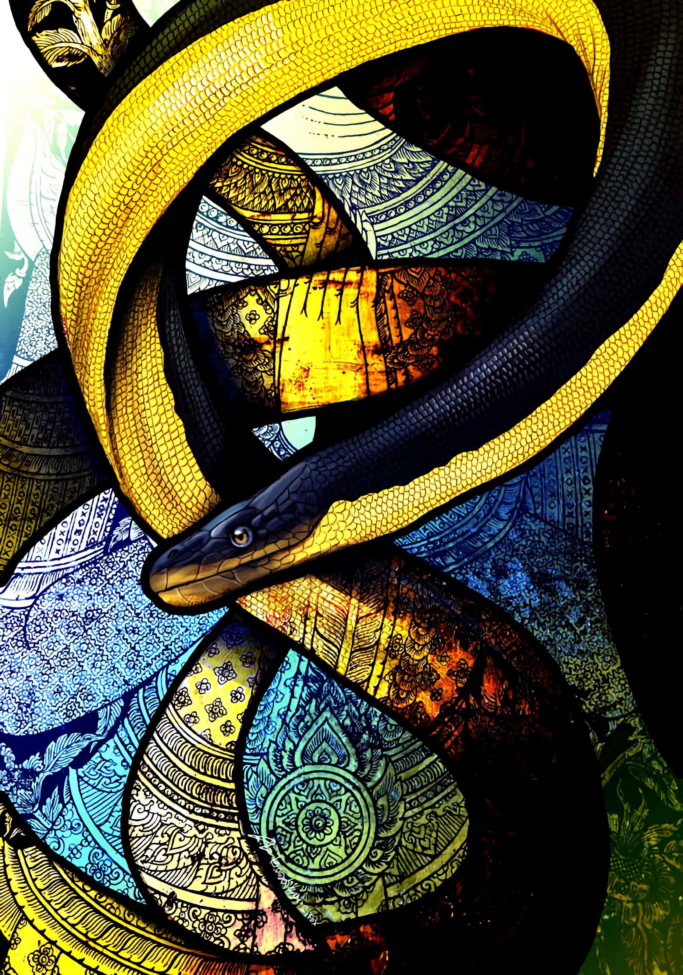 Yellow Snake, stained-glass patterns, gold, 2K Phone Wallpaper