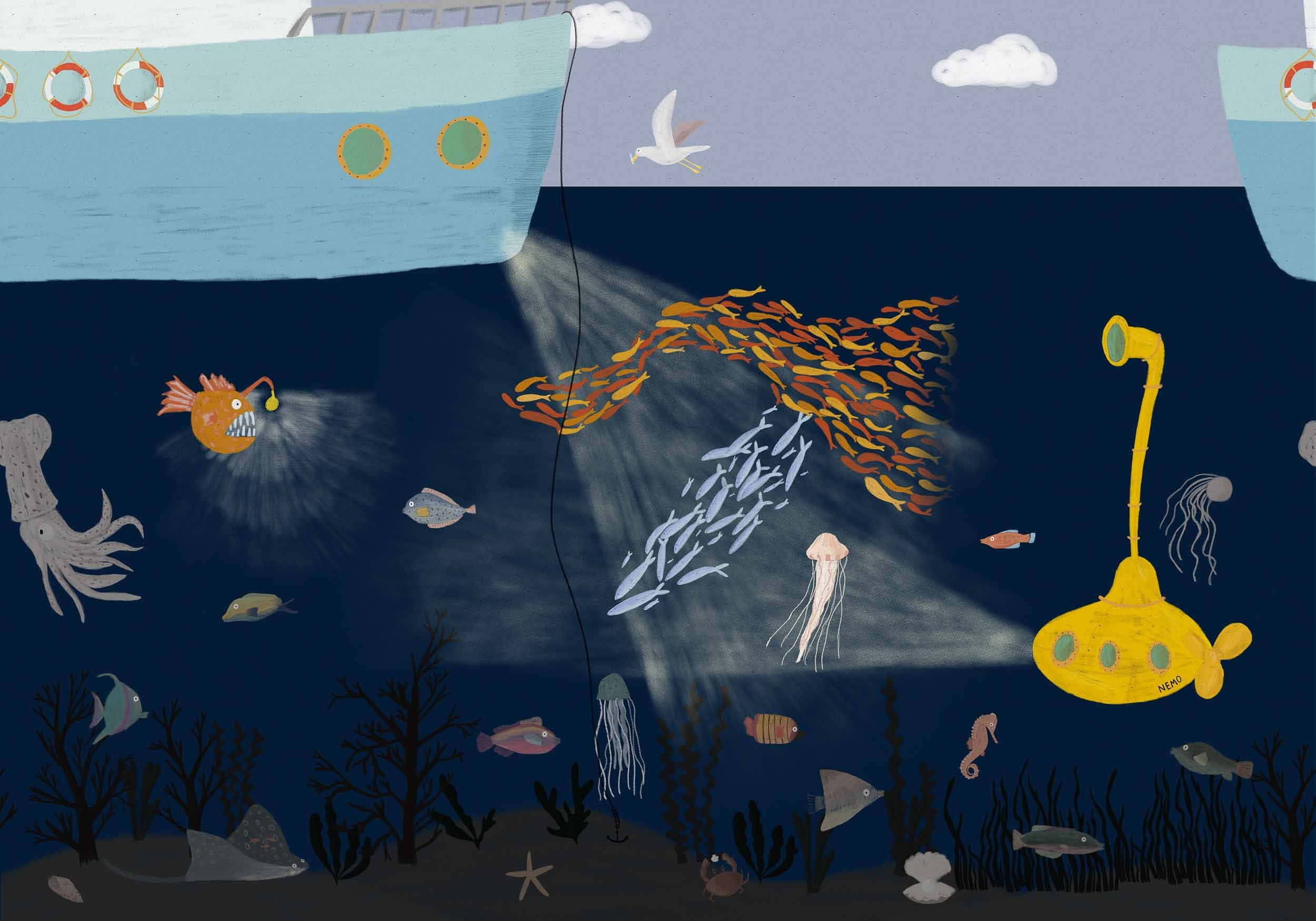 Yellow Submarine, split-level illustration, vibrant underwater scene, Full HD Desktop Wallpaper