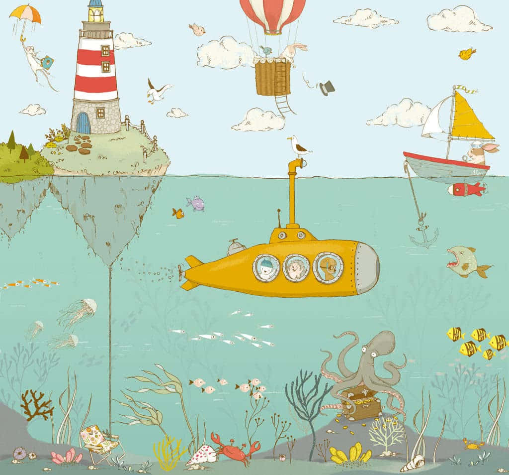 Yellow Submarine, lighthouse, hot air balloon, SD Desktop Wallpaper