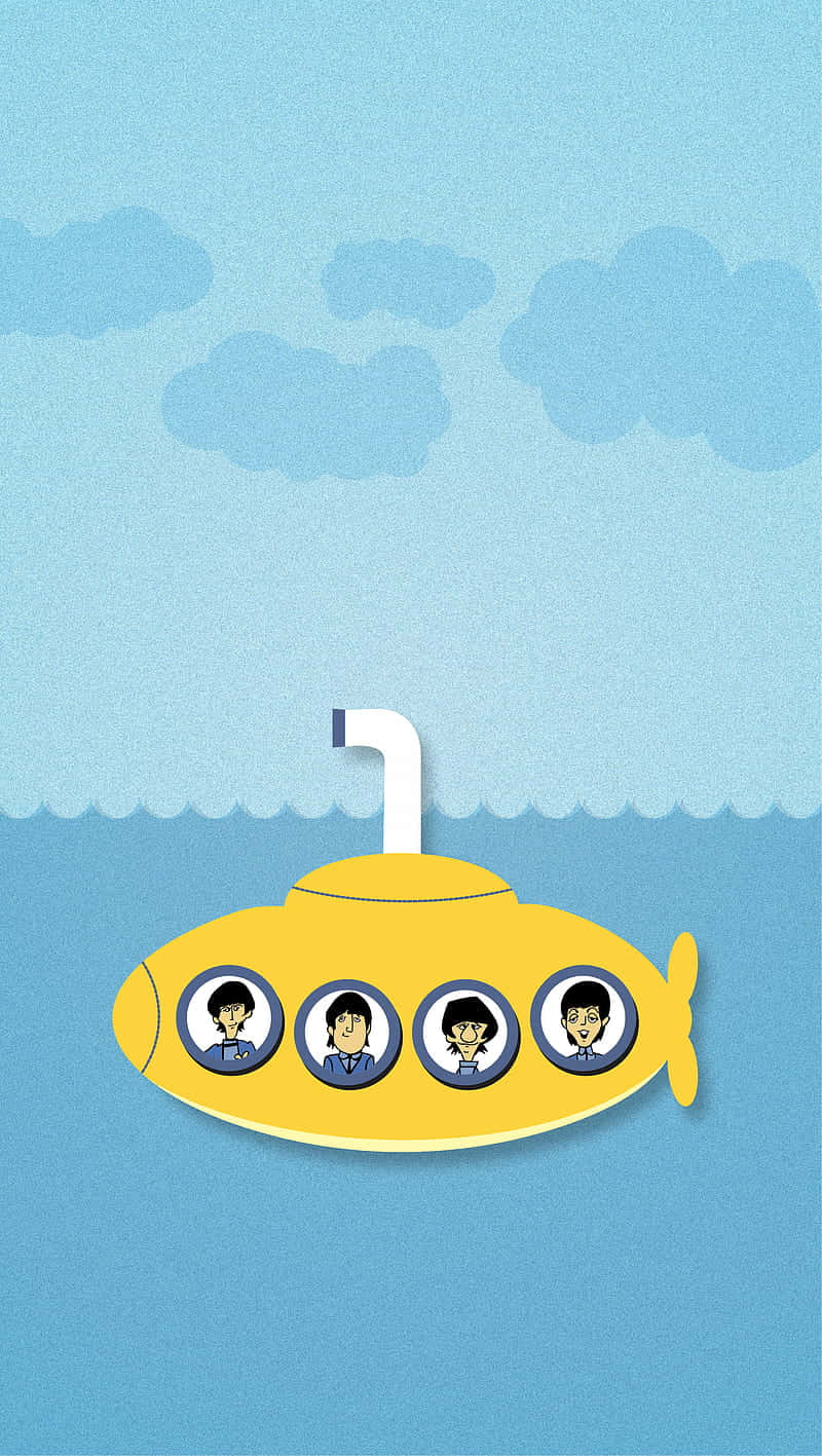 Yellow Submarine, four smiling crew members, calm blue water, HD Phone Wallpaper
