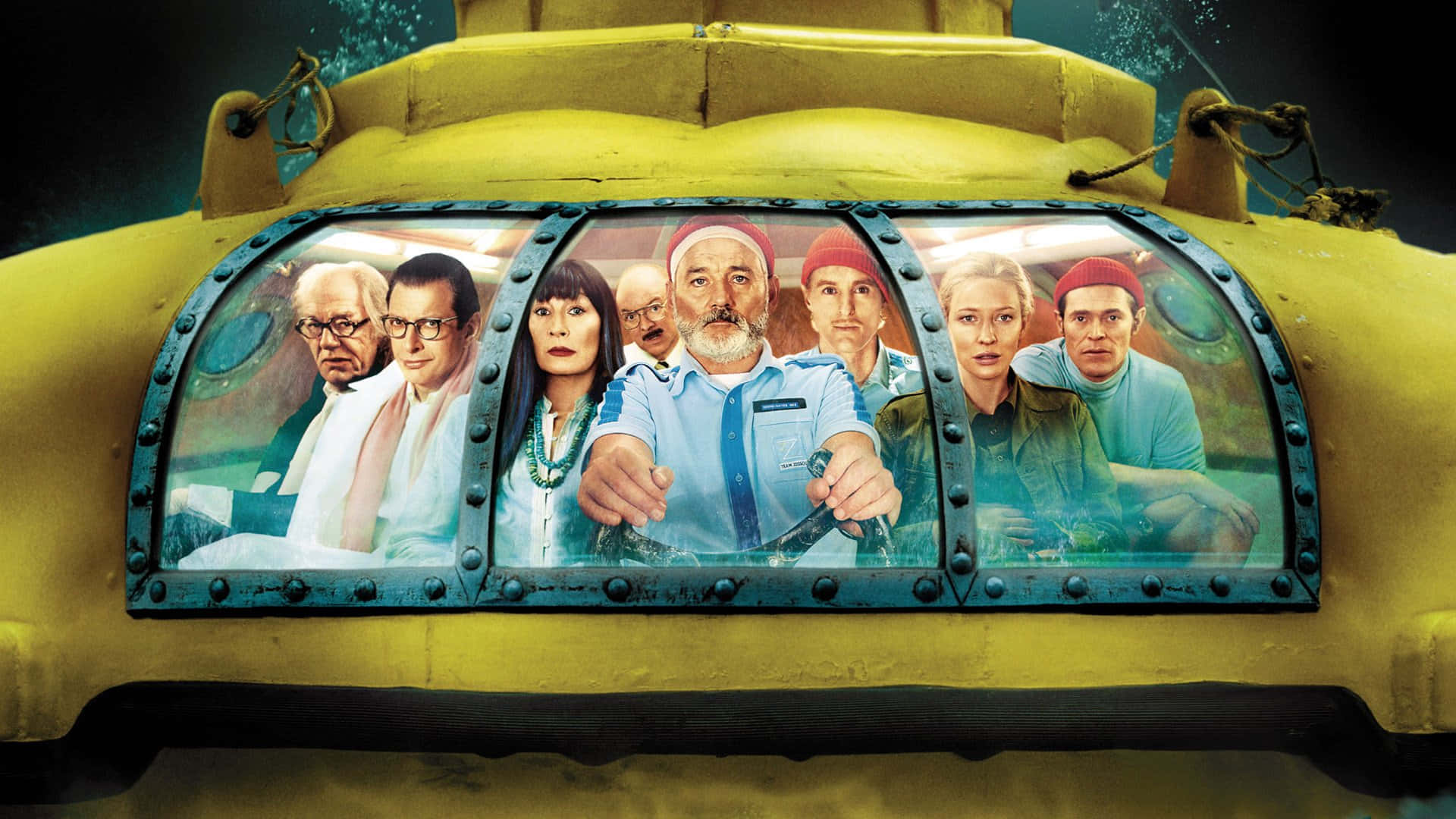 Yellow Submarine, porthole, seven surprised passengers, Full HD Desktop Wallpaper