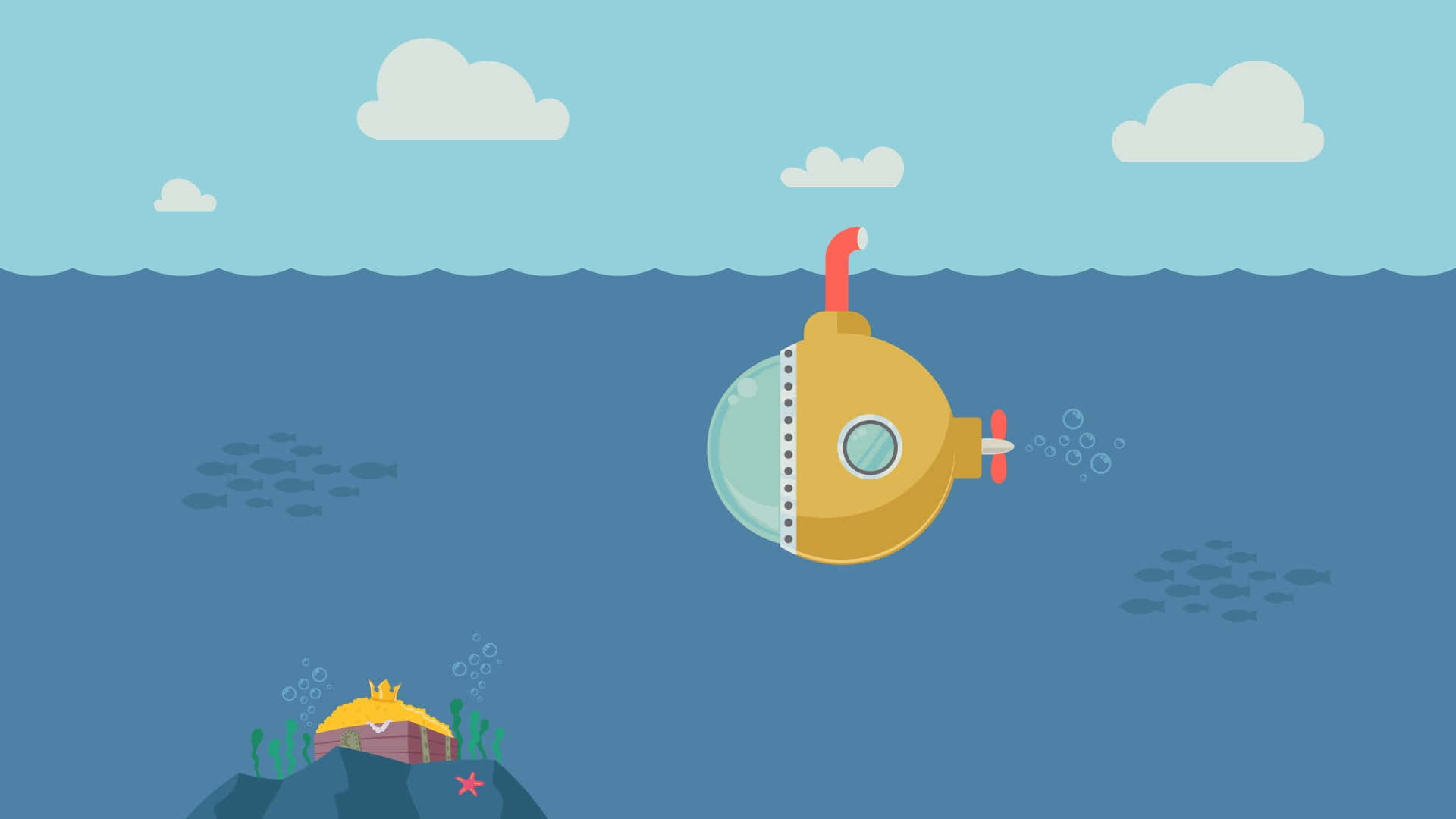 Yellow Submarine, red propellers, blue ocean waters, Full HD Desktop Wallpaper