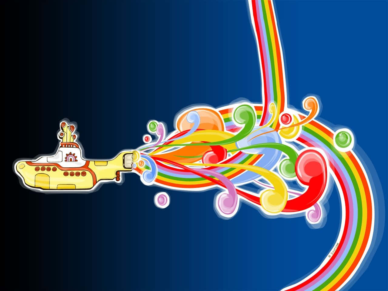 Yellow Submarine, rainbow-colored swirls, deep blue gradient background, HD Desktop Wallpaper