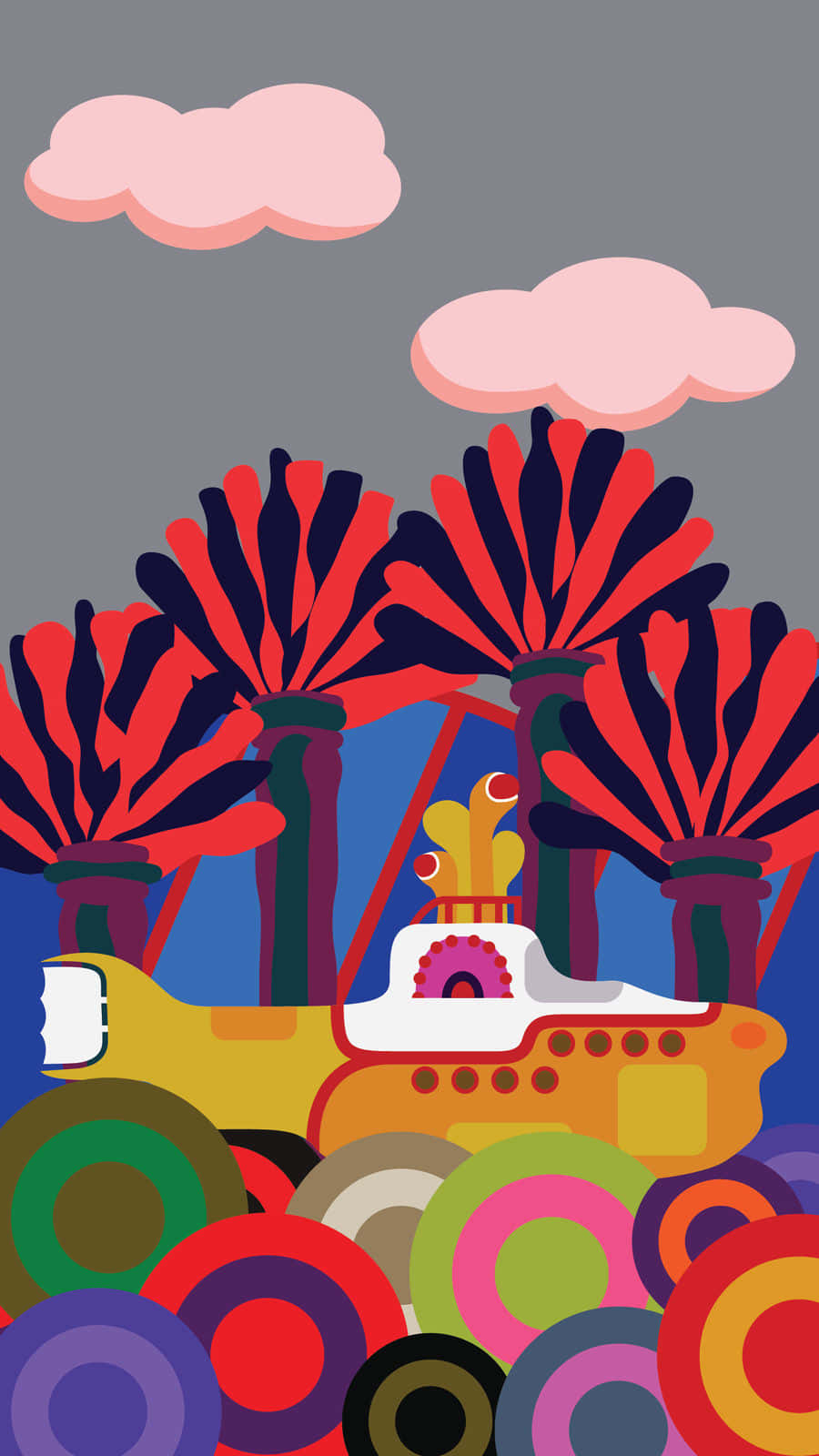 Yellow Submarine, cartoon submarine, colorful circular patterns, HD Phone Wallpaper