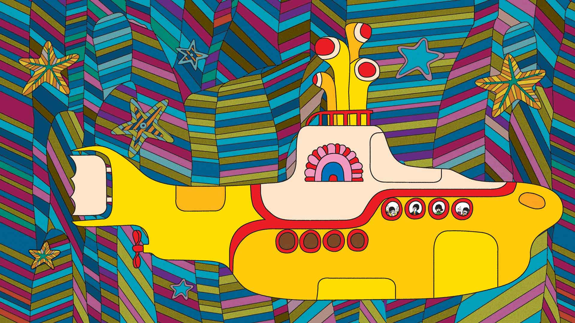 Yellow Submarine, red accents, starfish, Full HD Desktop Wallpaper