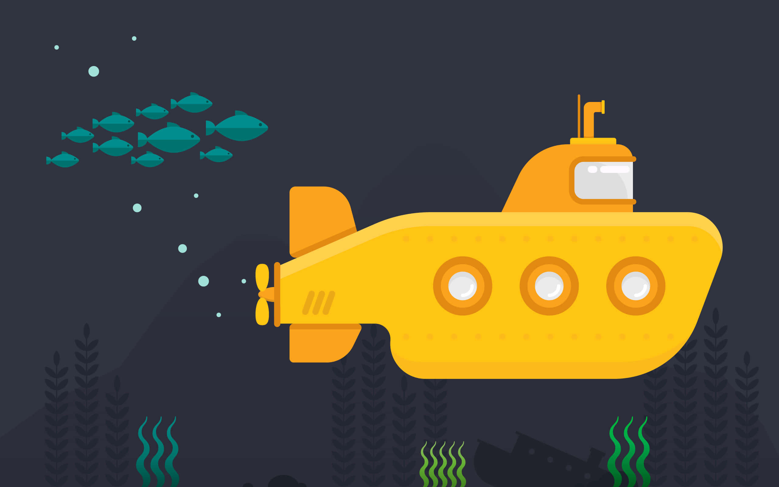 Yellow Submarine, bright yellow submarine, dark ocean waters, 2K Desktop Wallpaper