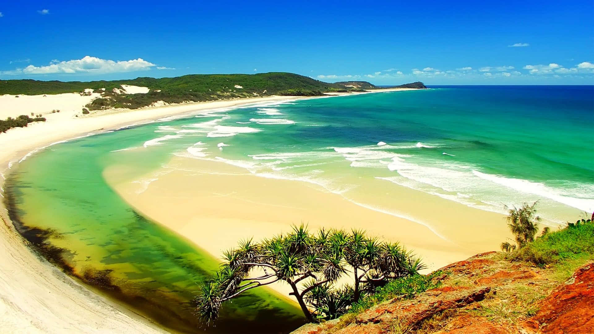 yellow summer, curved beach, turquoise waters, Full HD Desktop Wallpaper