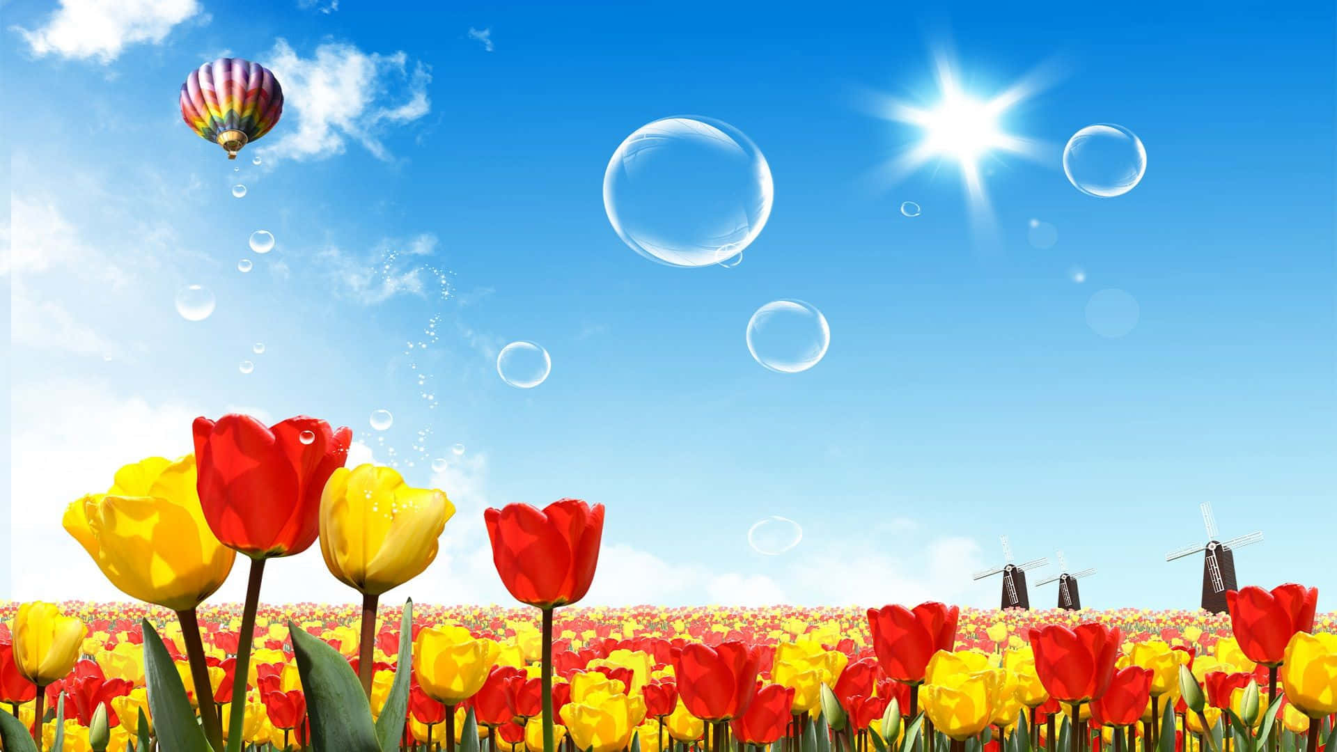 Yellow Summer, red and yellow tulips, bright blue sky, Full HD Desktop Wallpaper
