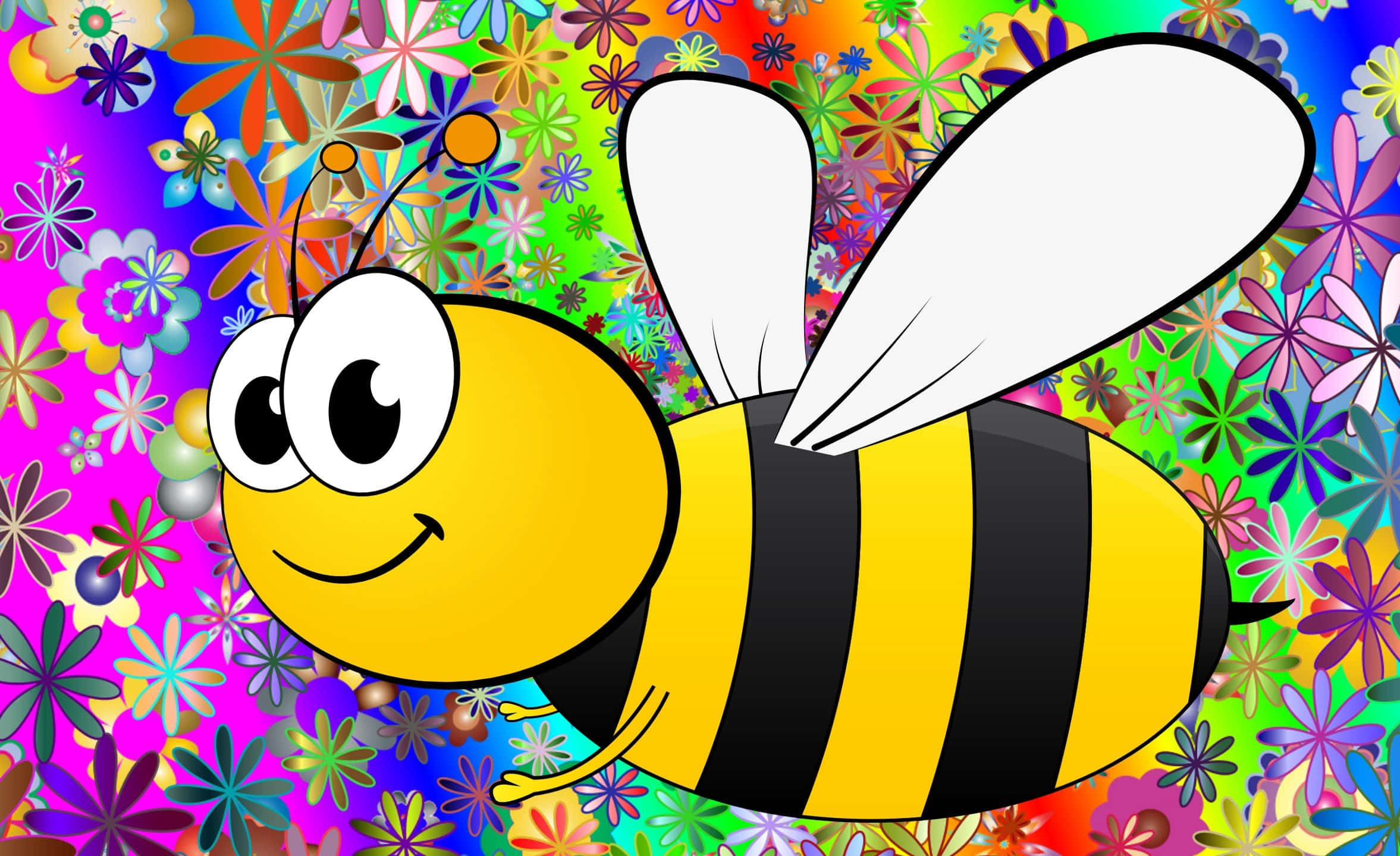 vibrant yellow sunflower fields, clear blue sky, cartoon bee, Full HD Desktop Wallpaper