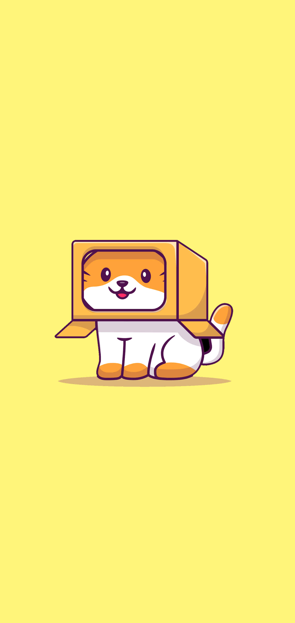 yellow cardboard box, solid yellow background, cartoon cat, 2K Phone Wallpaper