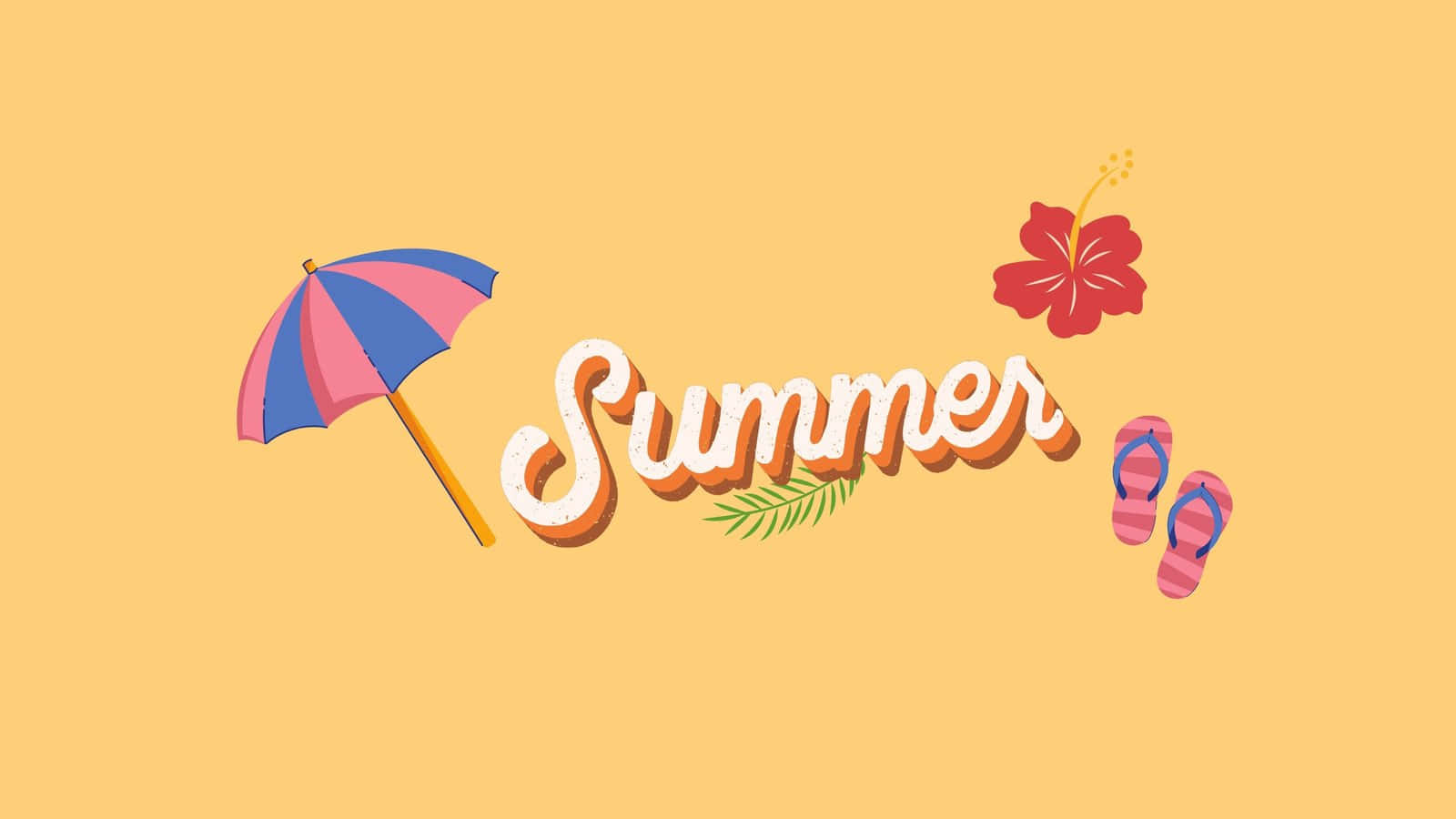Yellow Summer, striped beach umbrella, hibiscus flower, HD Desktop Wallpaper