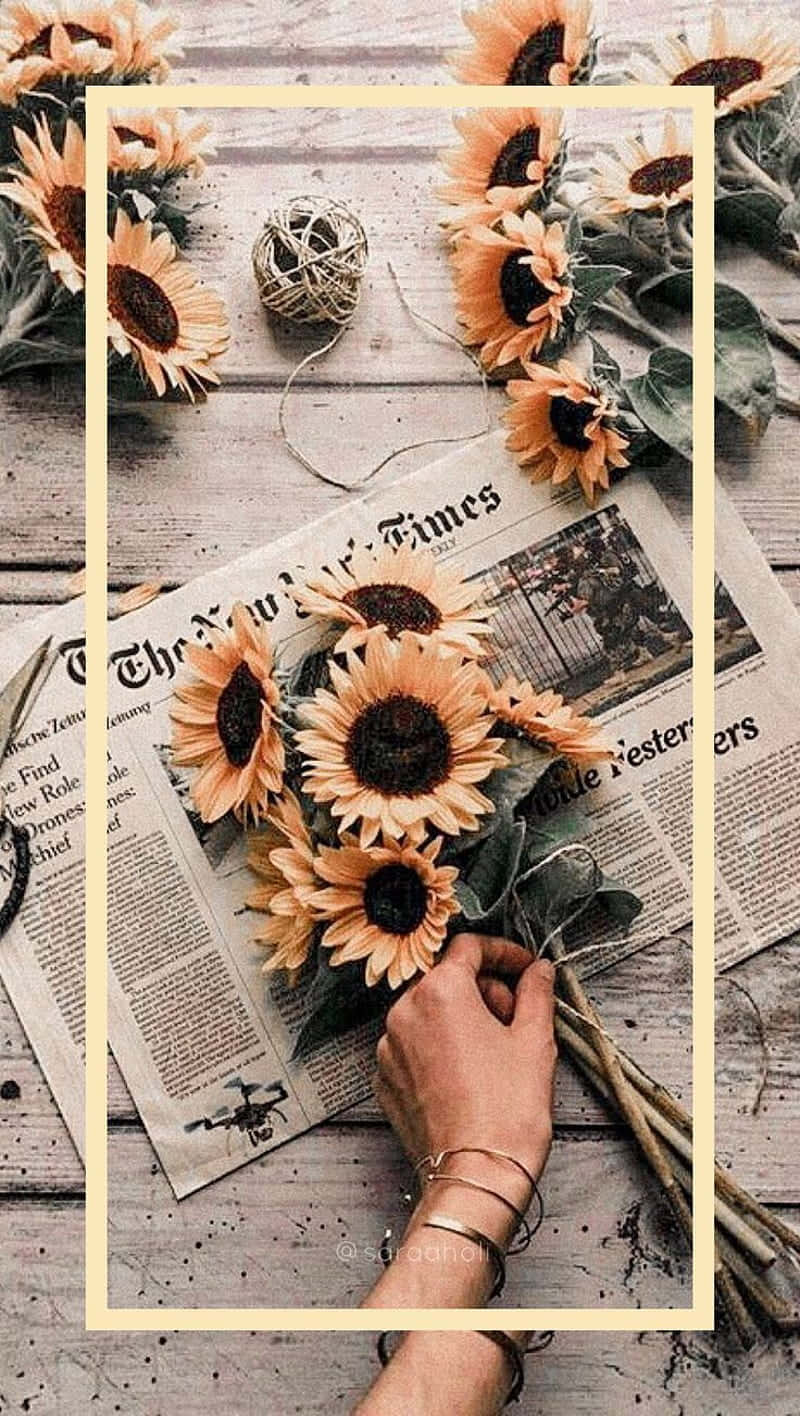 sunflower bouquet, weathered wooden table, newspaper, HD Phone Wallpaper