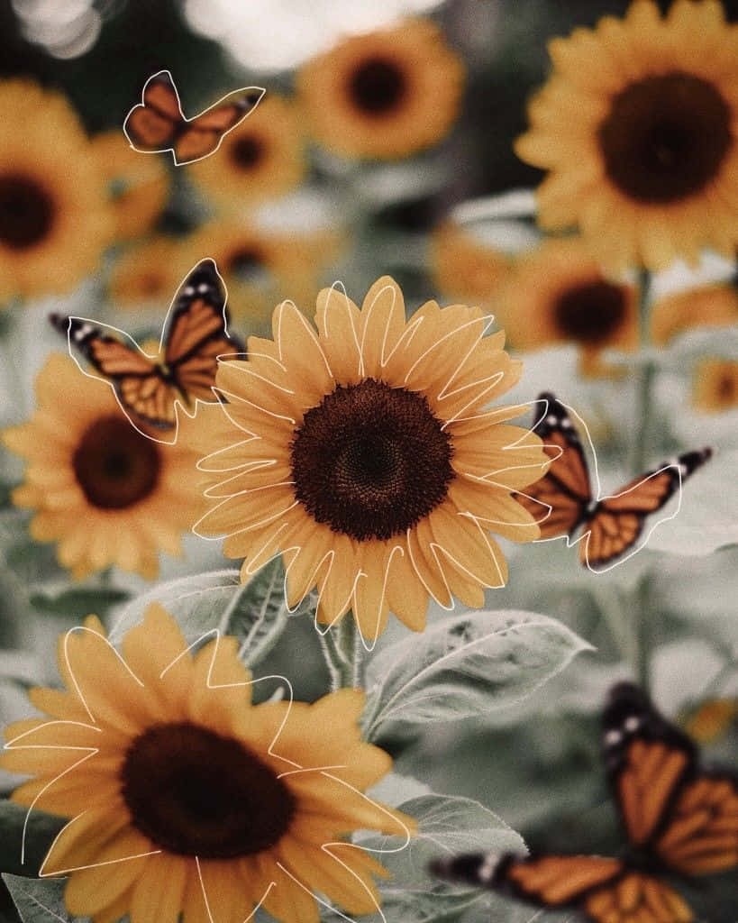 sunflowers, monarch butterflies, soft focused garden scene, SD Phone Wallpaper