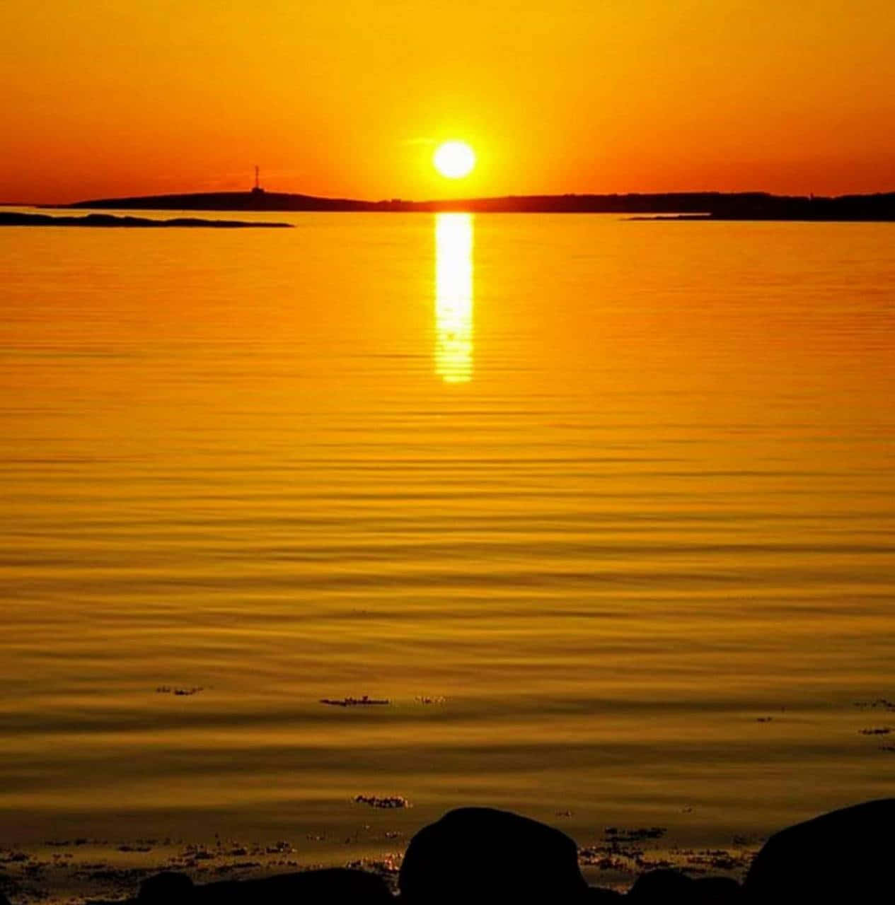 Yellow Sunset, calm waters, distant land silhouette, HD Phone Wallpaper