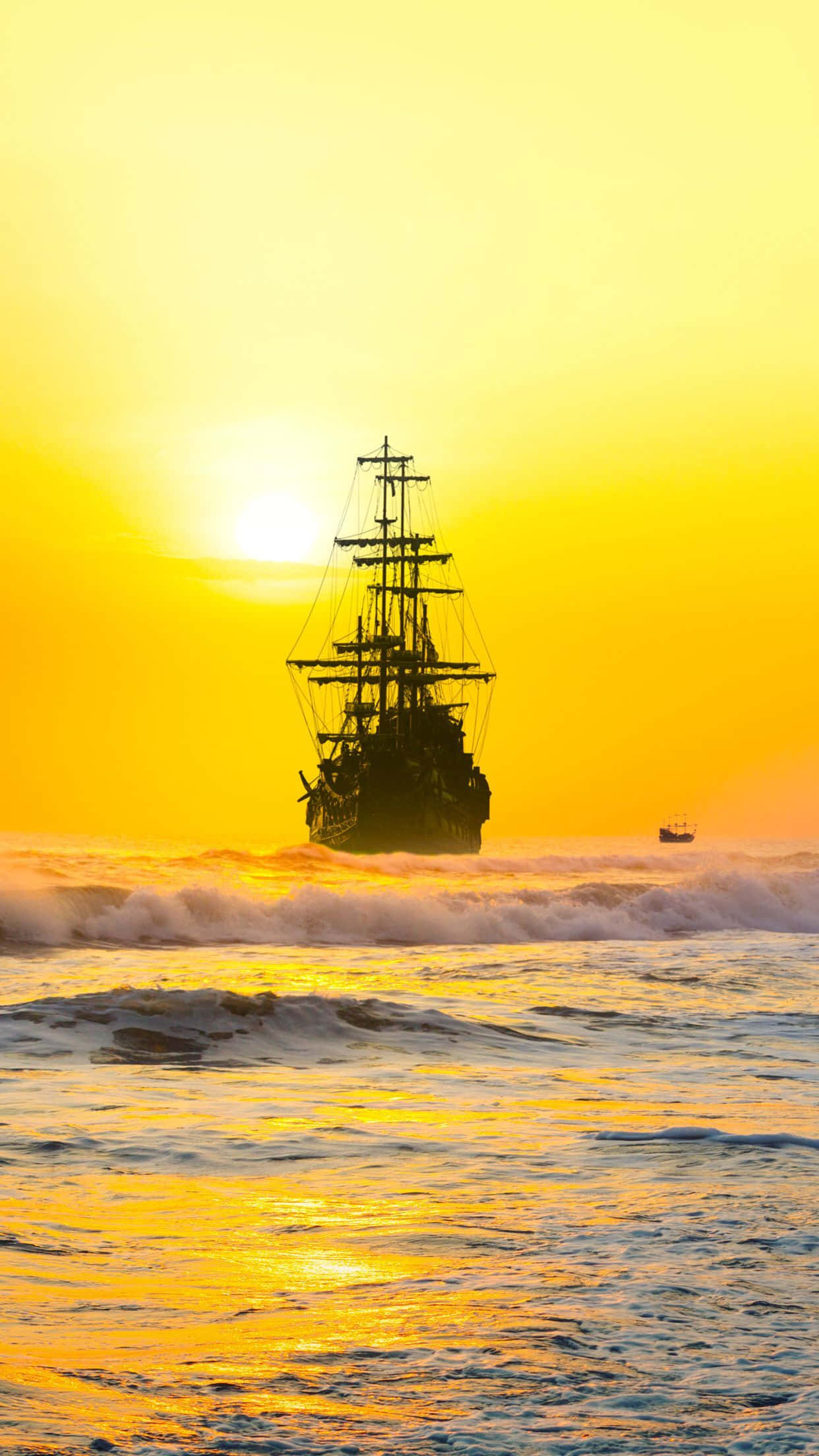 Yellow Sunset, tall ship, fiery golden sunset, Full HD Phone Wallpaper