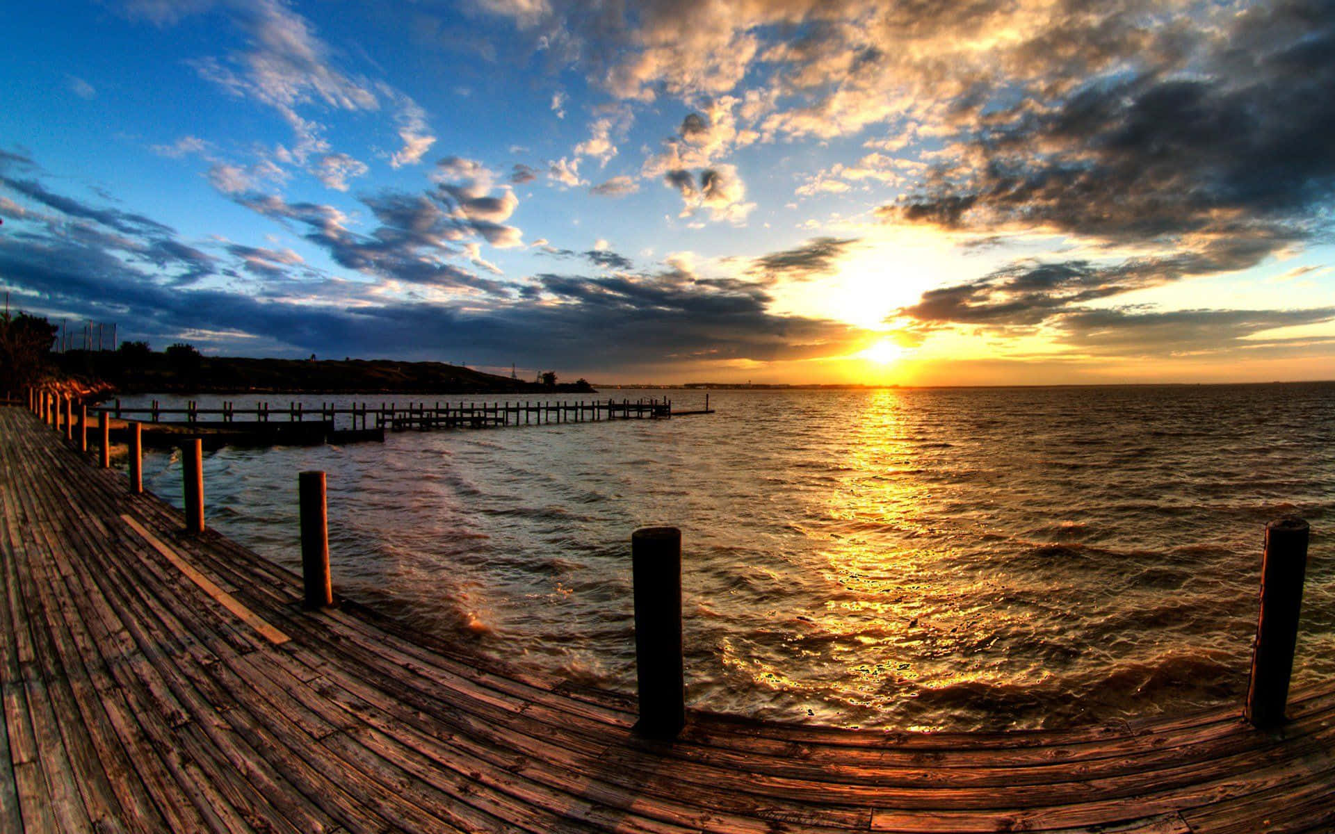 Yellow Sunset, golden sunset, wooden pier, Full HD Desktop Wallpaper