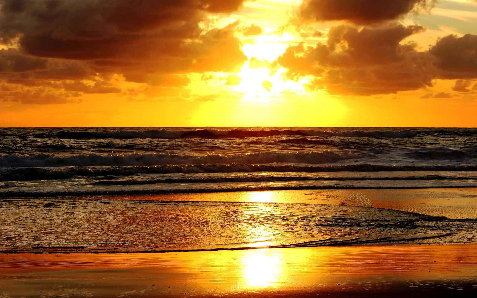 Yellow Sunset, golden sunset, ocean waves, Full HD Desktop Wallpaper