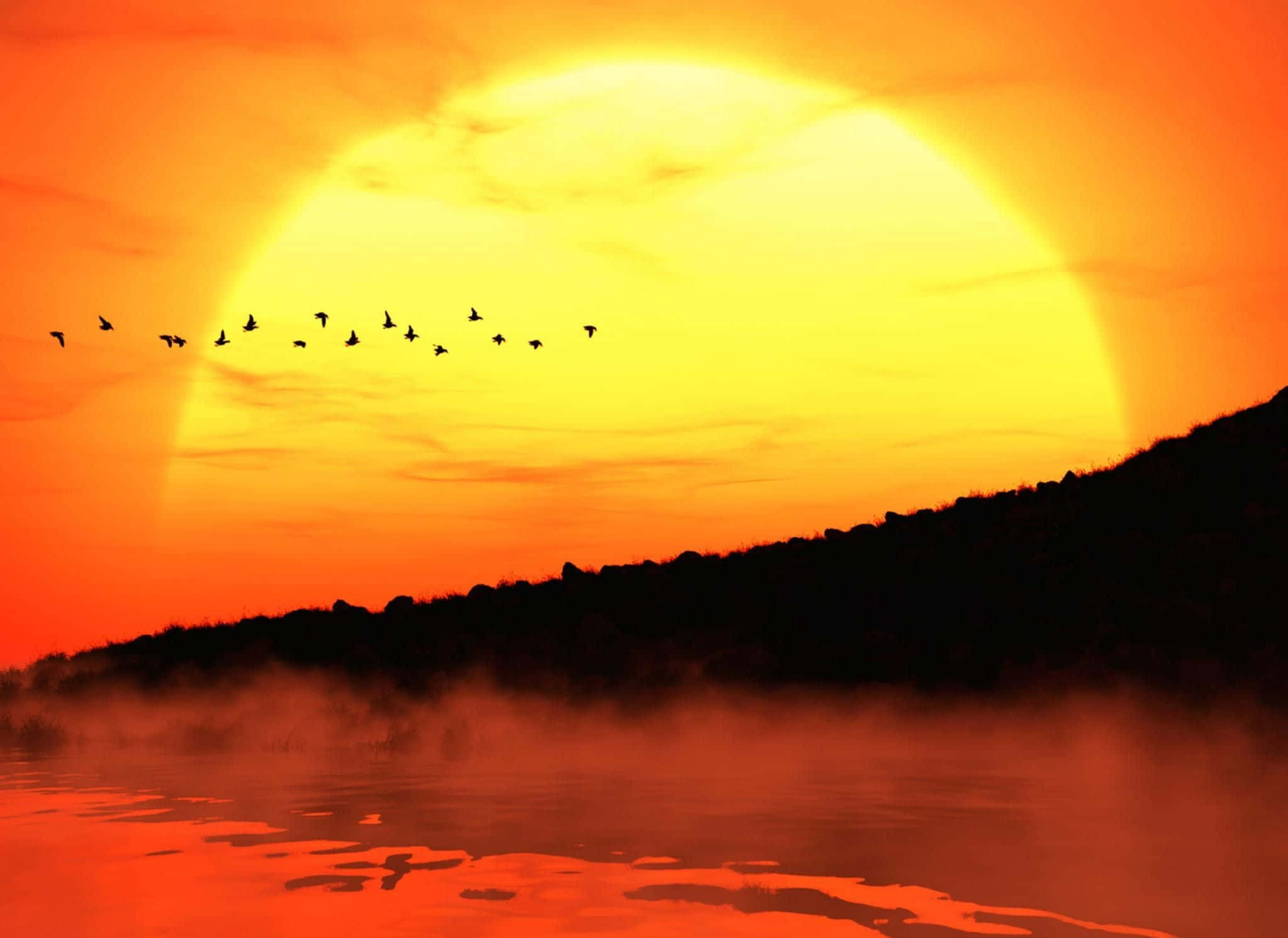 Yellow Sunset, glowing sun, misty lake, Full HD Desktop Wallpaper